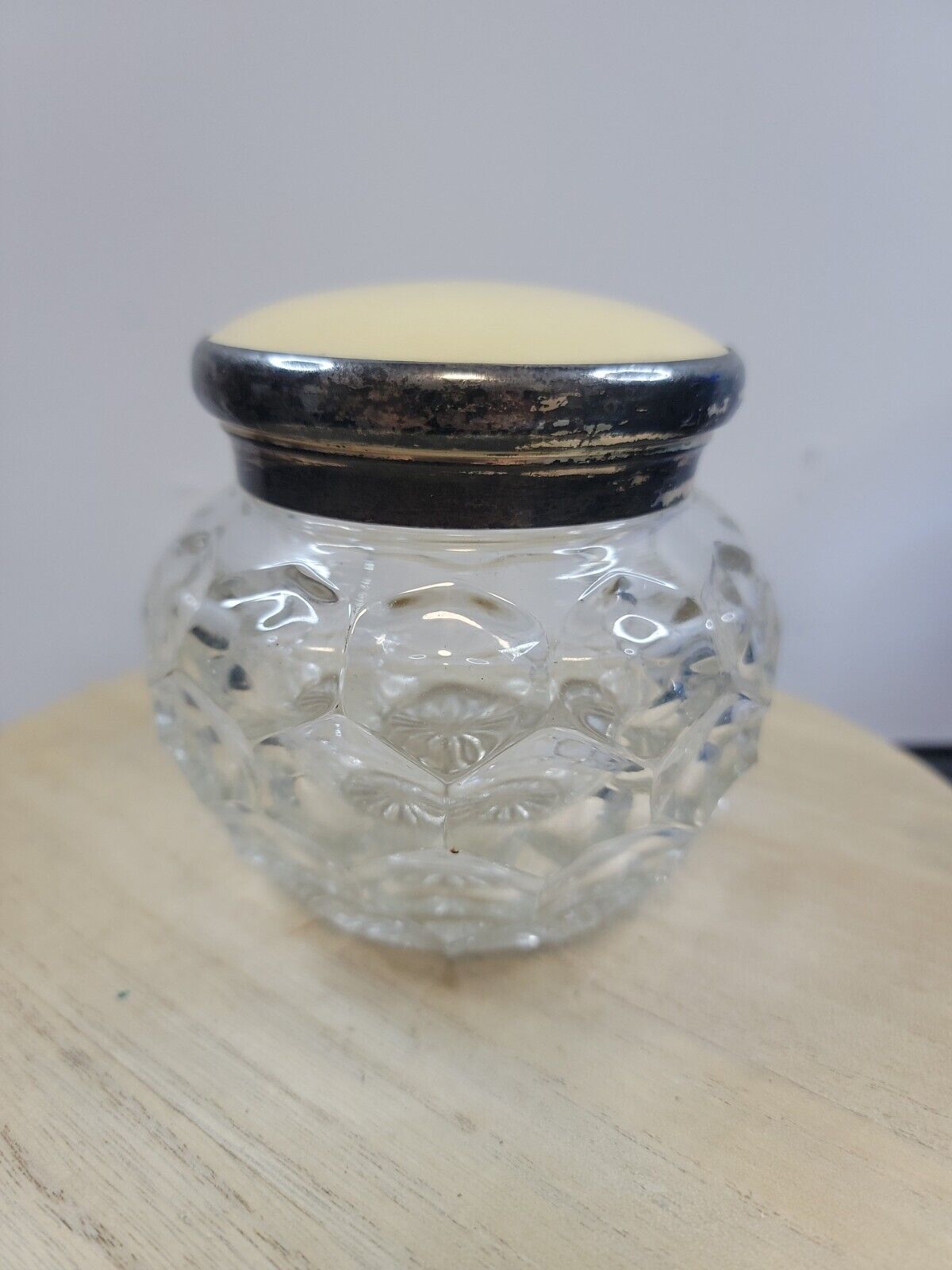 Vintage Faceted Glass Vanity Jar Metal Lid Honeycomb Bubble Pattern Clear Glass