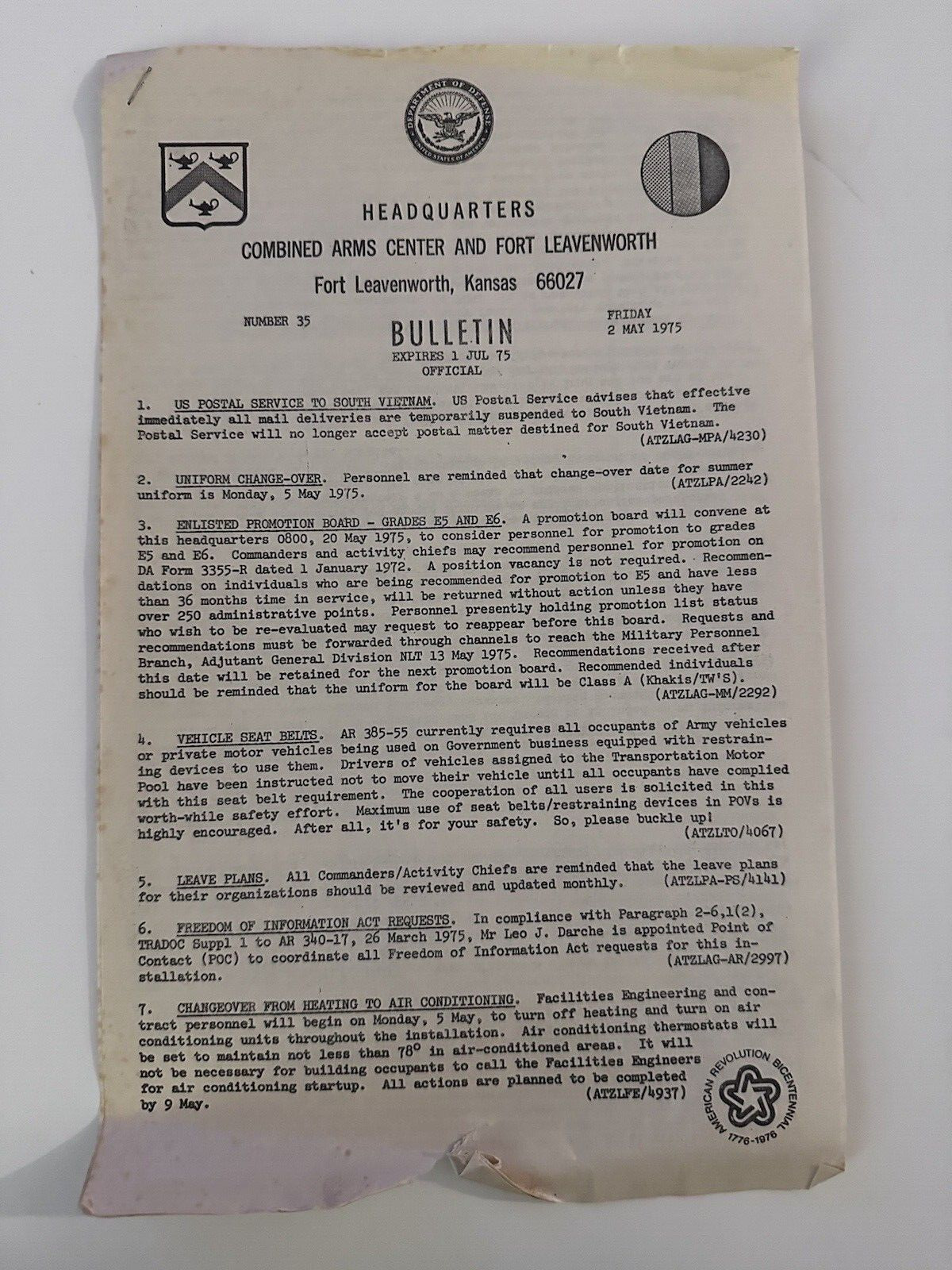 May 1975 Fort Leavenworth Headquarters Bulletin Number 35 Military Ephemera