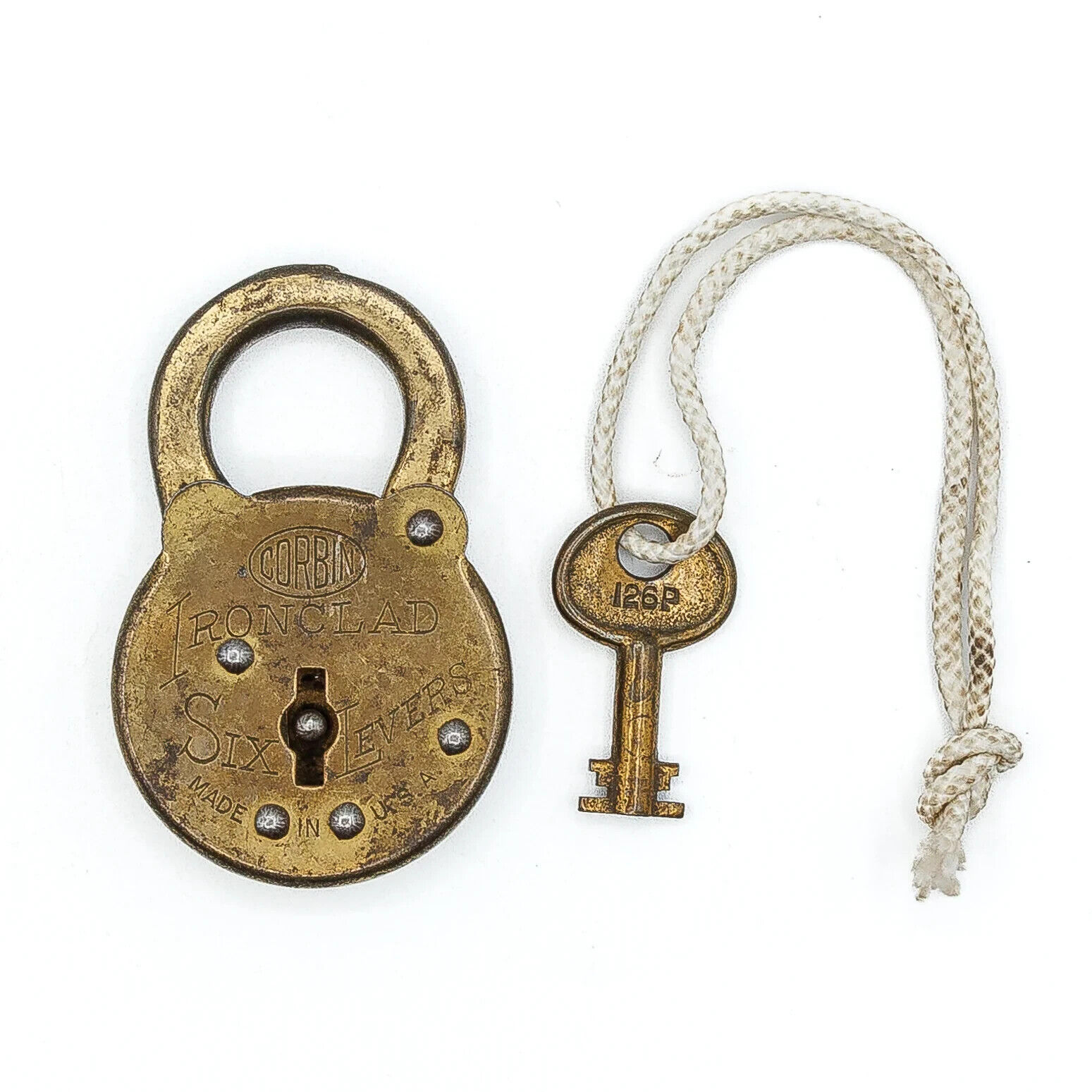 Working Antique Corbin Ironclad Six Lever Brass Padlock & Key 174-1