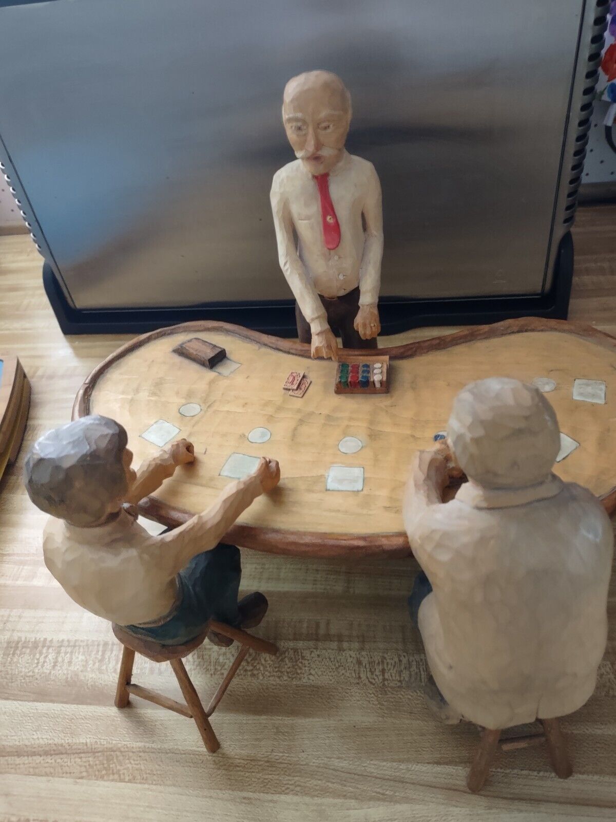 Vintage 1987-88 FolkArt  Signed Carved Blackjack Table With 3 Men Great Detail