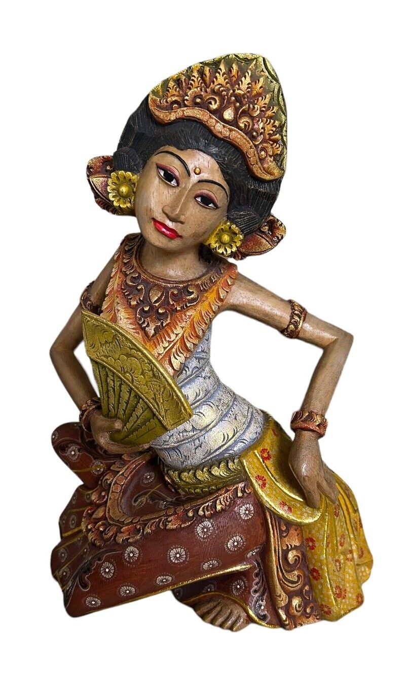 VTG Indonesian Janger Legong Dancer Hand Carved Painted Balinese Woman Statue