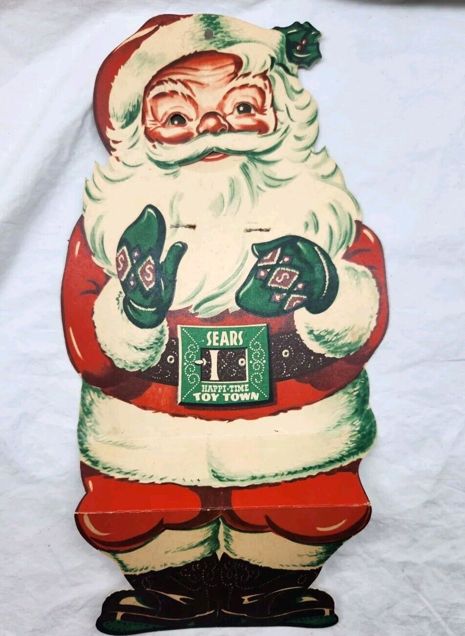 Vtg Sears Happy Time Toy Town Die Cut Mechanical Sitting Winking Christmas Santa