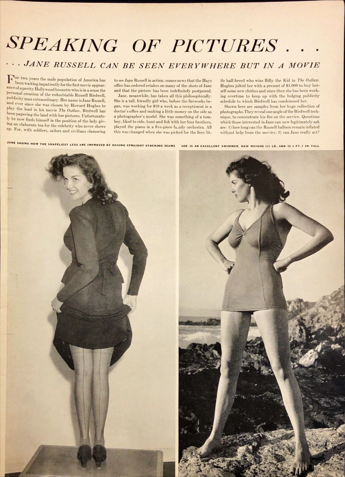 1942 Jane Russell Shapeliest Legs in Stockings Vintage Magazine Print