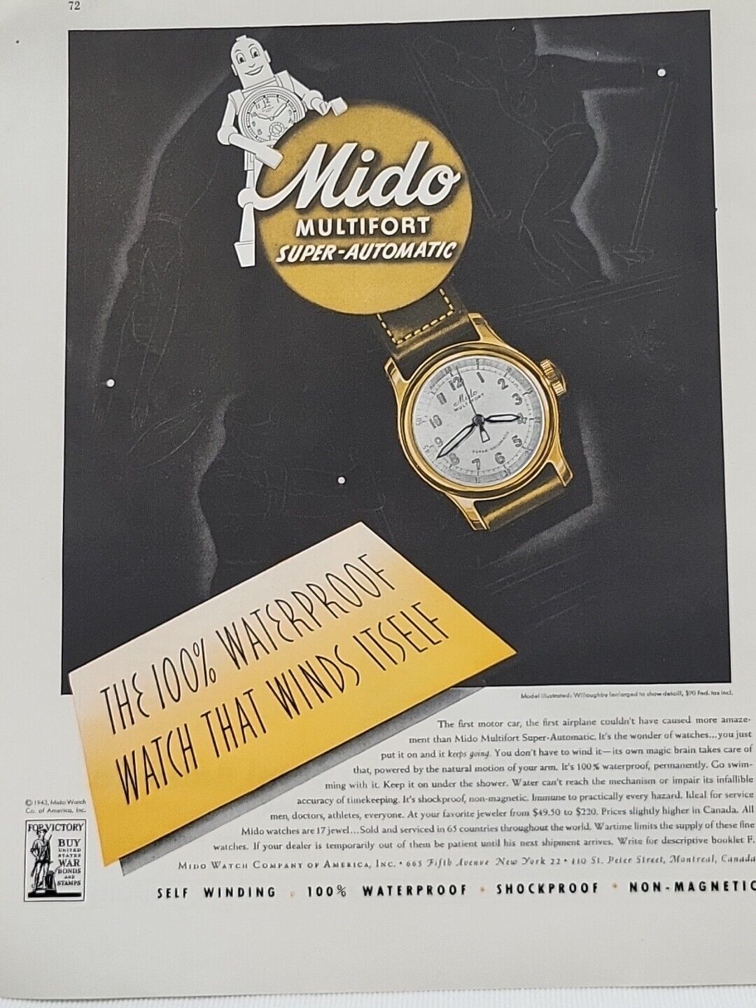 1943 Mido Multifort Super Automatic Watch Fortune Magazine WW2 Print Ad Robot