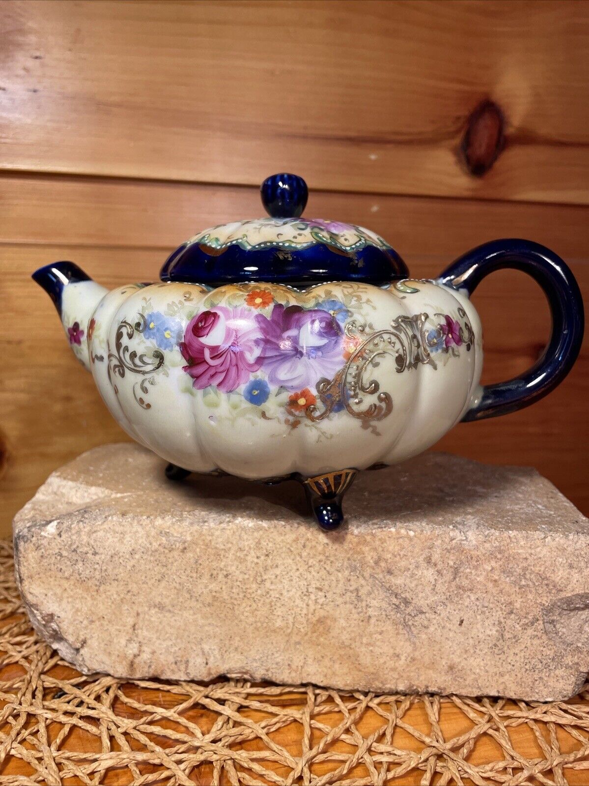 Antique Nippon Porcelain Footed Tea Pot Hand Painted Cobalt Blue Floral Moriage