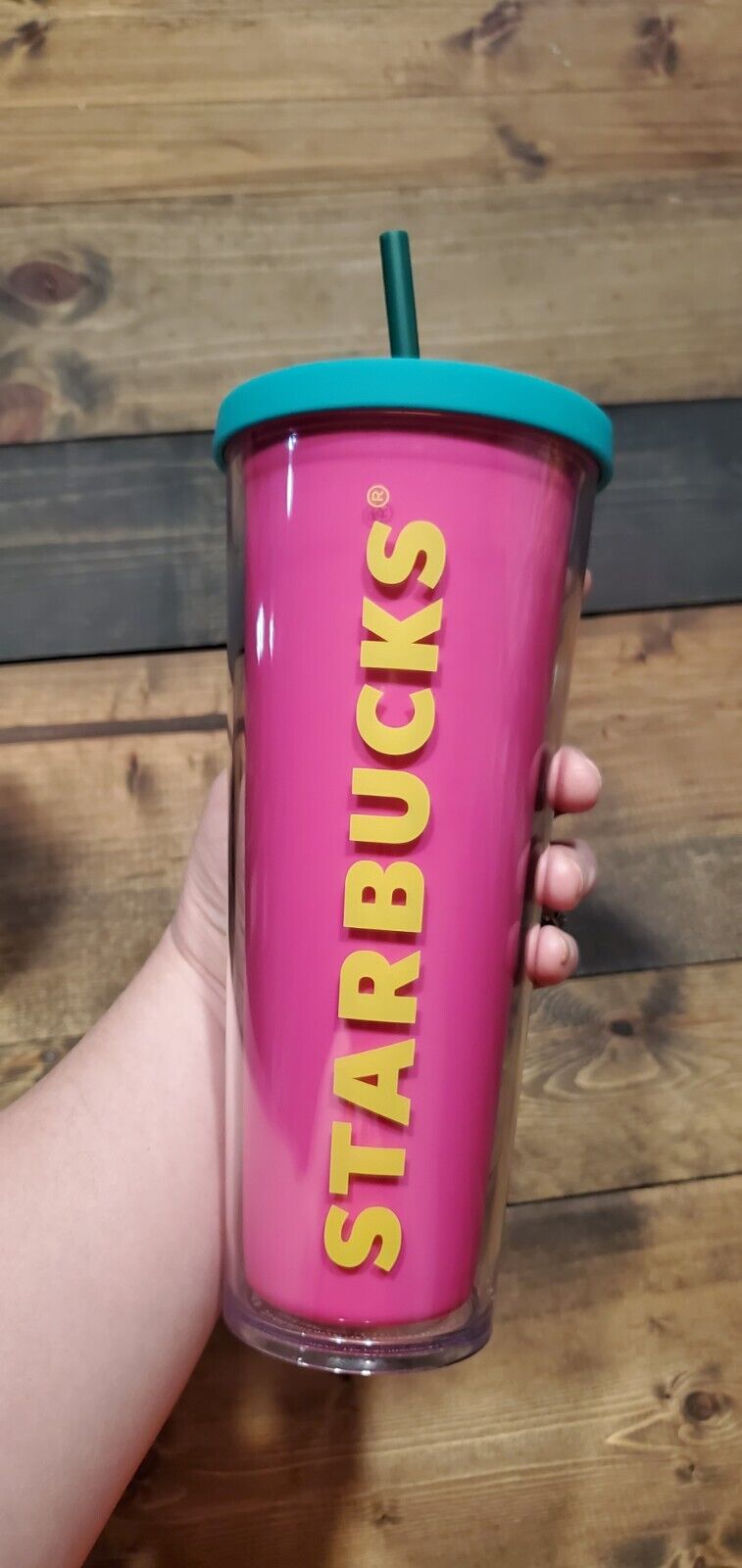 Starbucks Summer 2014 Neon Pink Yellow & Teal lid Venti 24 oz Cold Cup Tumbler