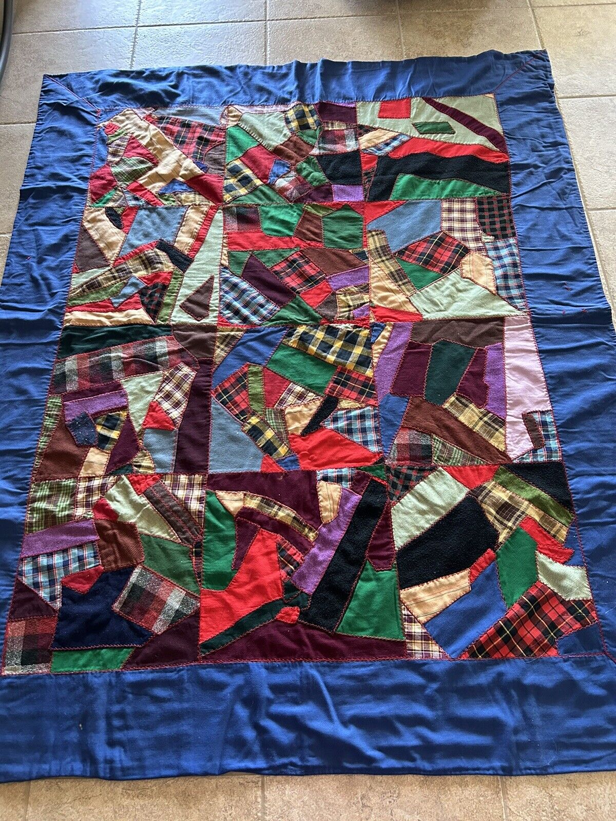 Vintage Crazy Quilt Reversible To Blue Wool Polyester 65x80