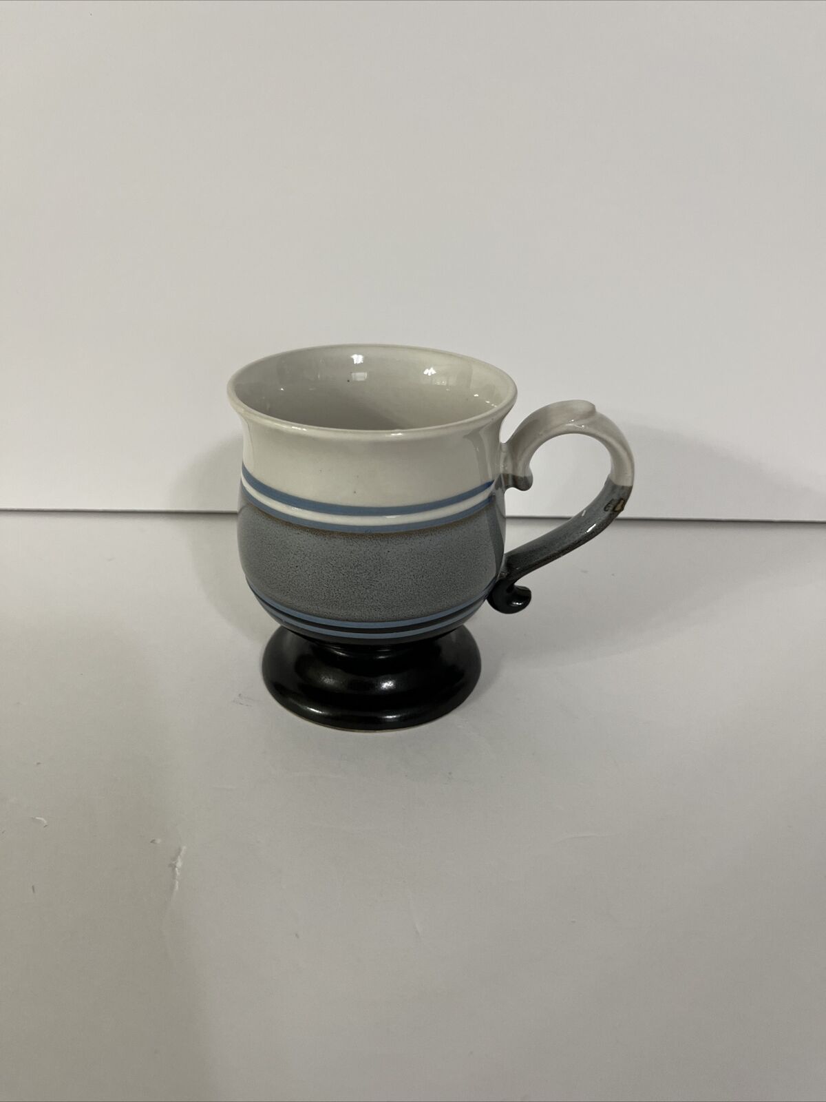 Stoneware Blue White Grey Horizontal Stripes Footed Mug Made in Japan