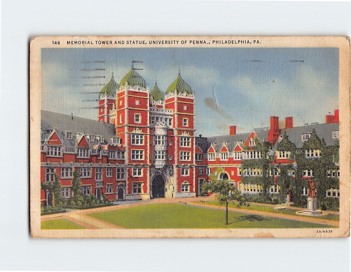 Postcard Memorial Tower And Statue, University Of Pennsylvania, Philadelphia, PA