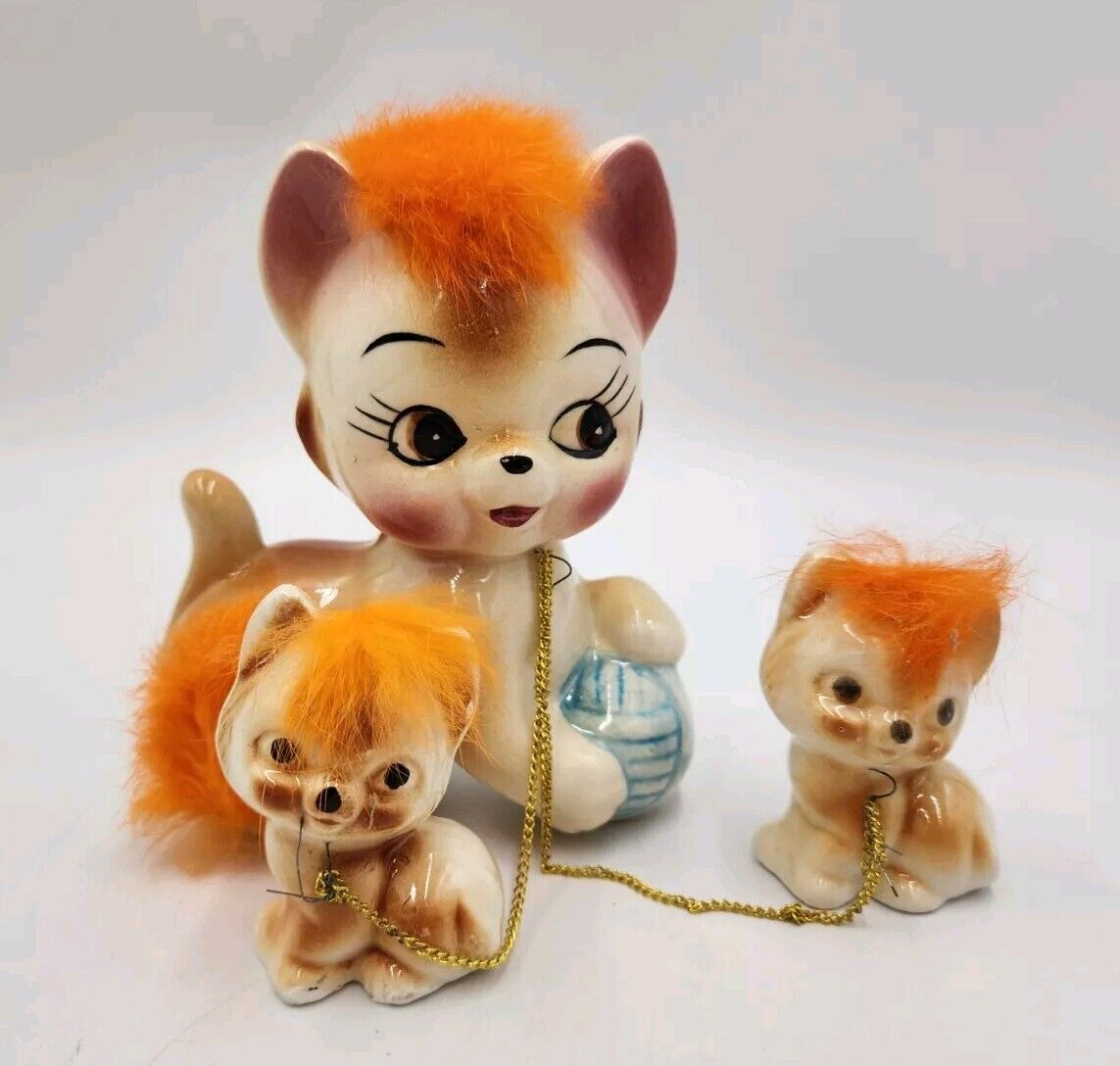 Vintage Anthropomorphic Ceramic Chained Cat Kittens Orange Fur Figurine Japan
