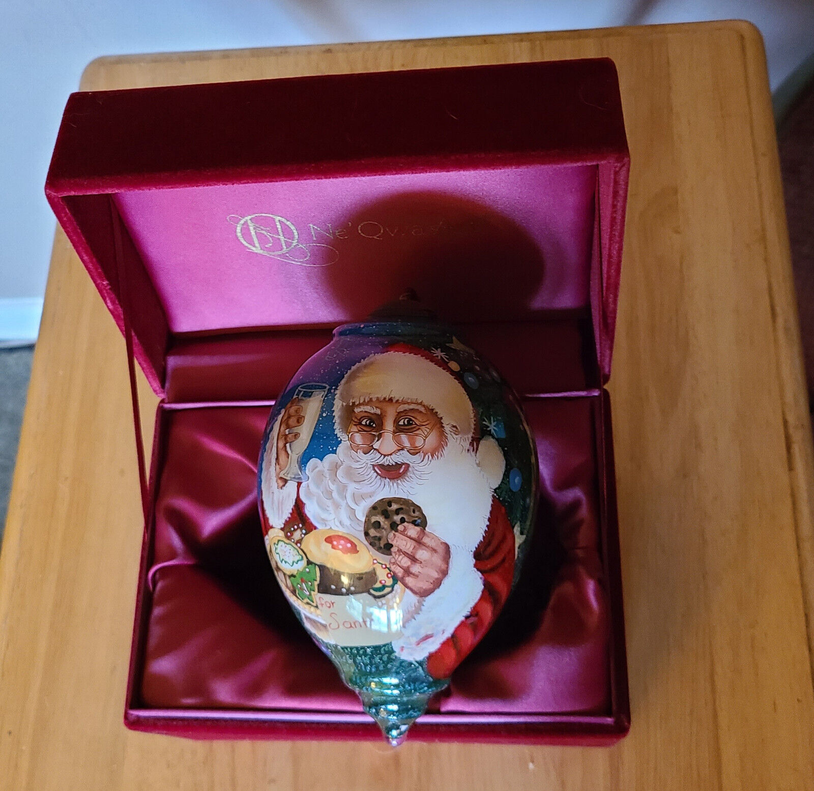 Ne Qwa Art Reverse Painted Christmas Ornament MILK AND COOKIES FOR SANTA Signed