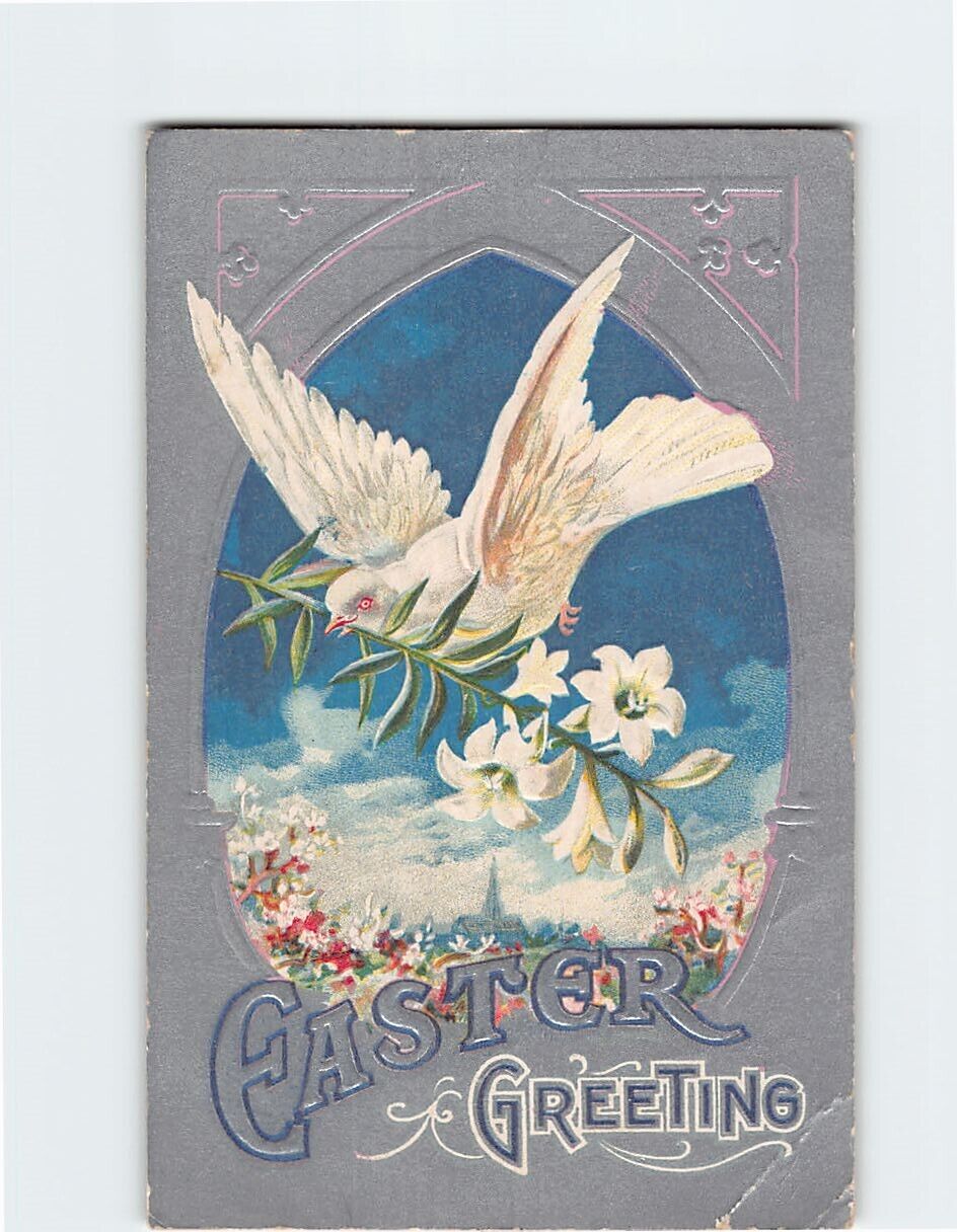 Postcard Easter Greeting with Bird Flowers Easter Embossed Art Print