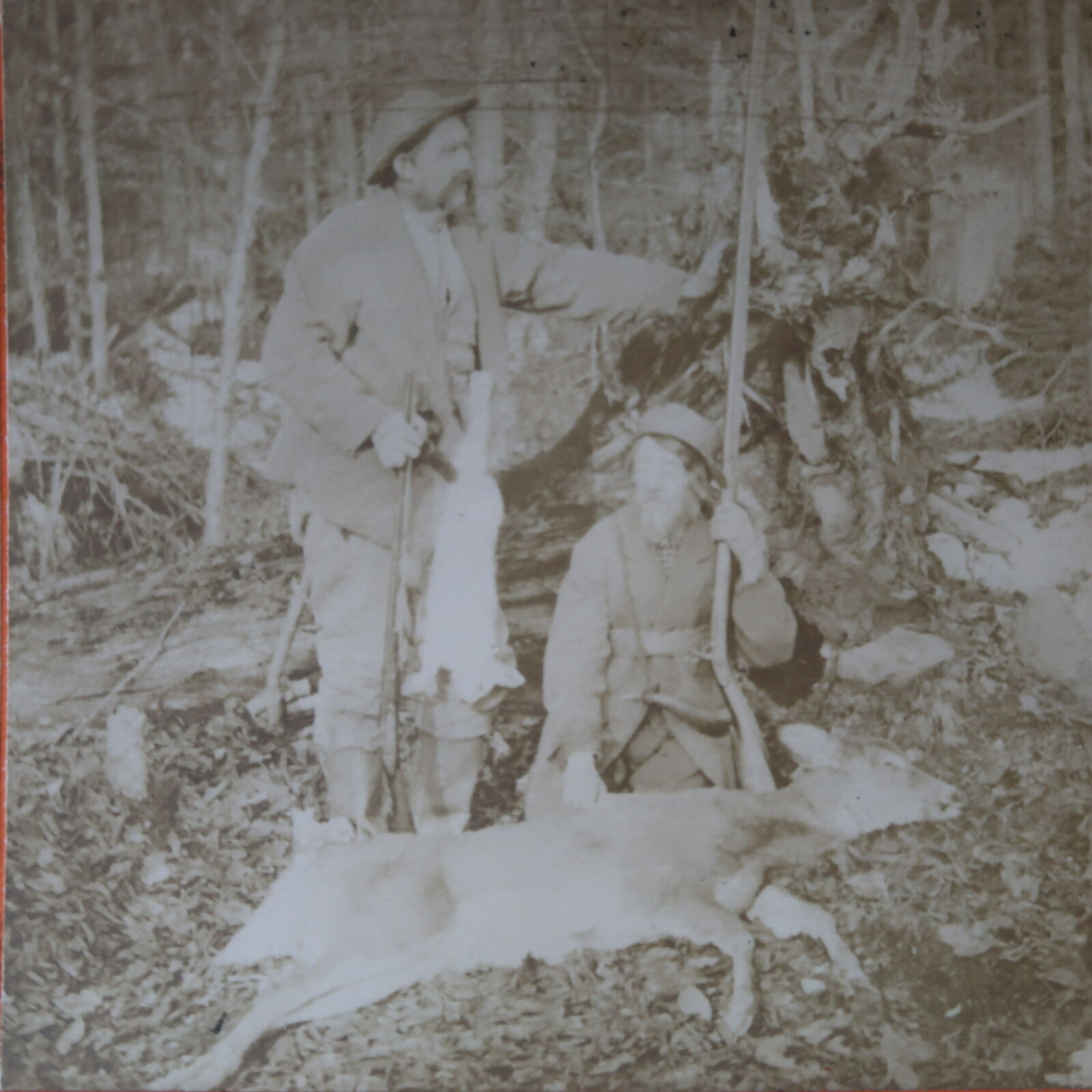 c1900 Hunters w/Game Deer & Rabbit in Wooded Area Stereoview Kilburn Bros 70