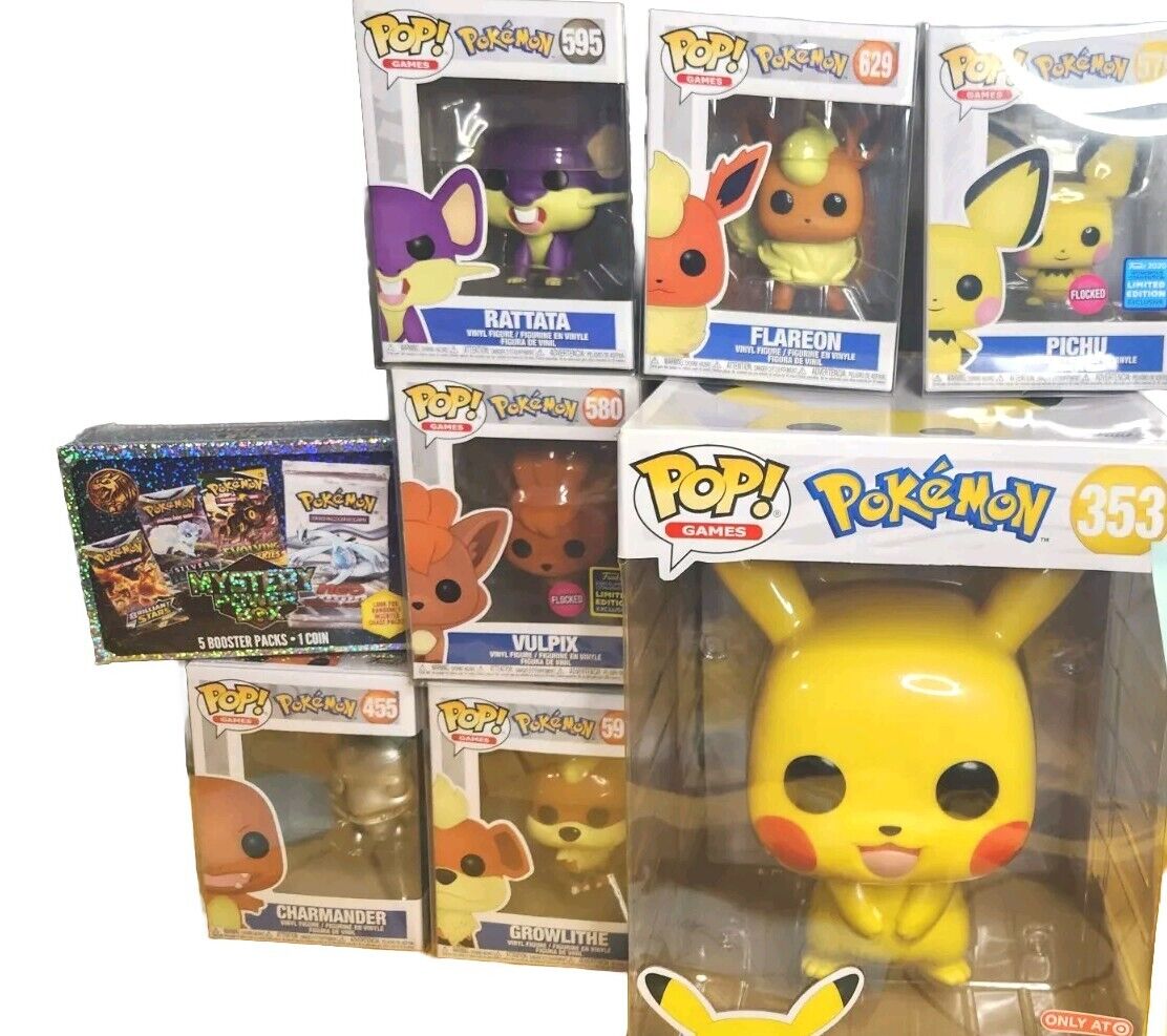 Lot 7 Pokemon Funko Pops & 1 Mystery Pokemon Box 5 Booster Packs & 1 Coin