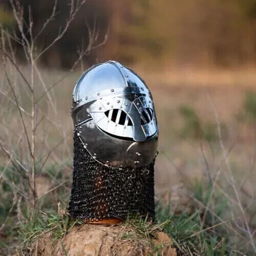 18GA Medieval Steel Viking Gjermundb Helmet W Riveted Chainmail Viking Helmet