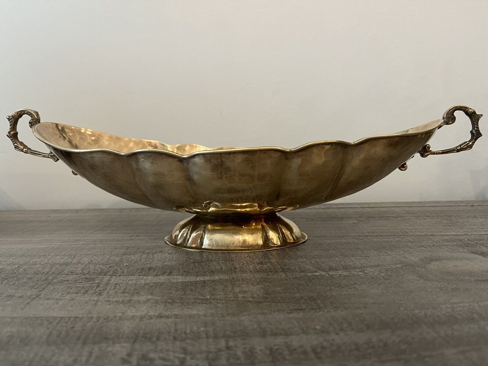 Vintage Mid Century Modern Style Solid Brass Scalloped Oval Bowl Hammered Handle