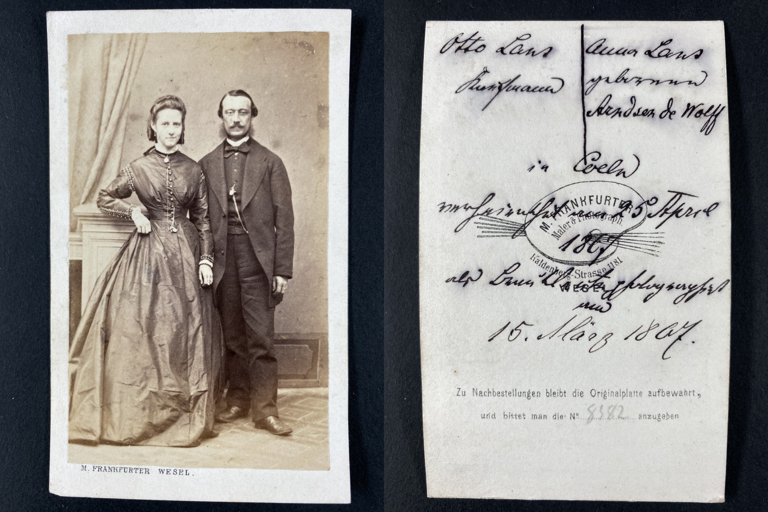 Frankfurter, Wesel, Otto & Anna Lans, Coeln 1867 Vintage cdv albumen print Ti