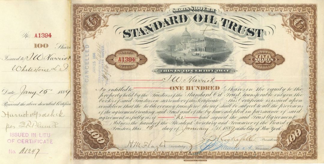 John D. Rockefeller & Henry Flagler signed Standard Oil Trust - 1880's dated Aut