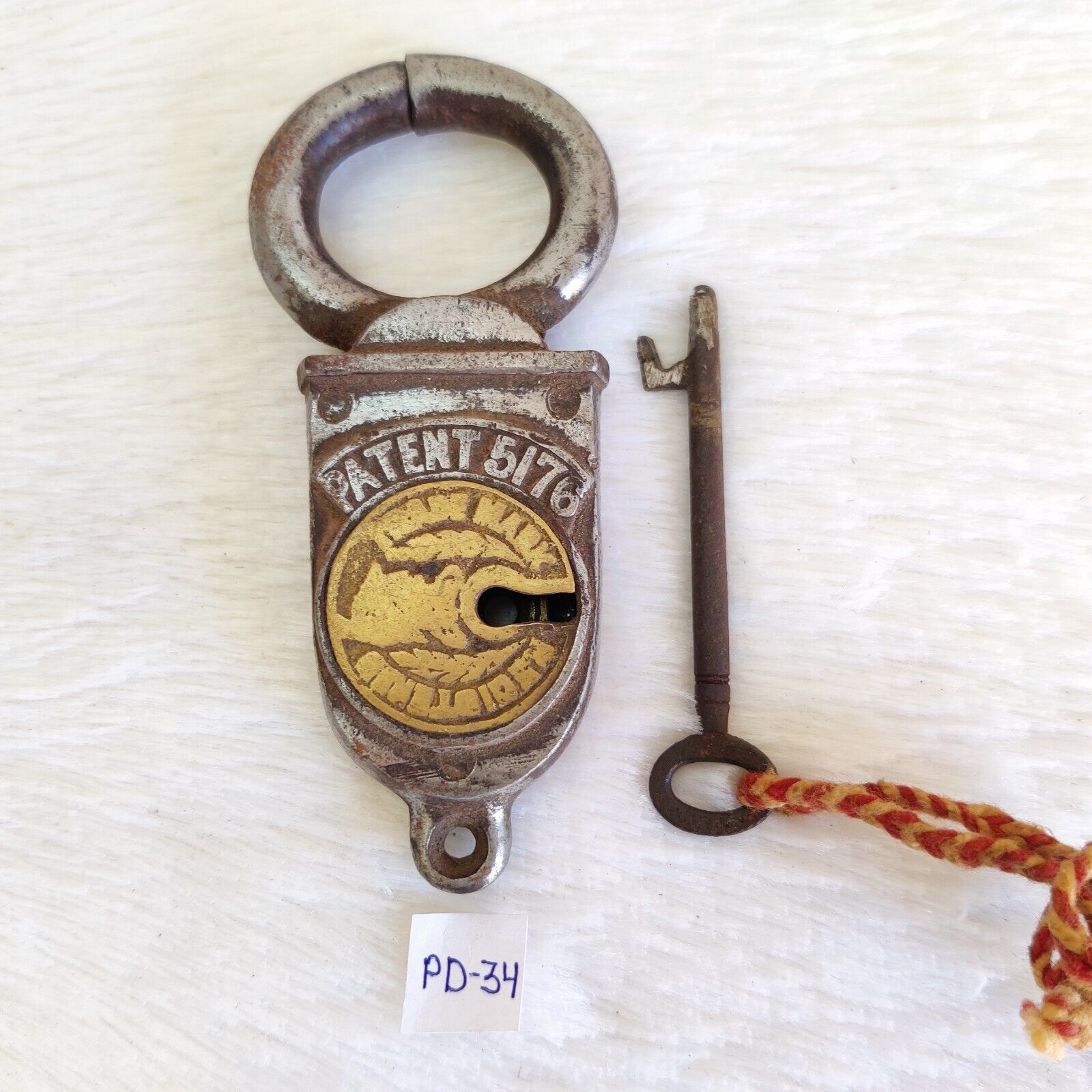 Antique Victorian Patent No.5176 Padlock With Key Brass TM Original Old PD34