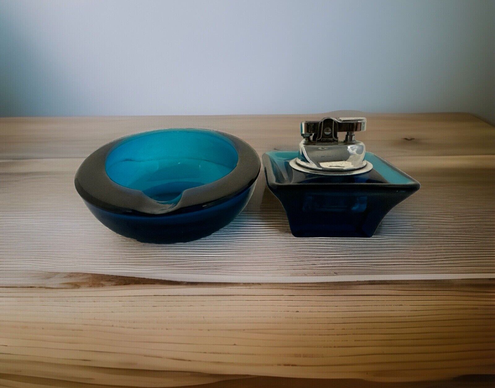 Viking Glass Orb Ashtray/Lighter Set Cobalt Blue Vintage Mid Century Japan MCM