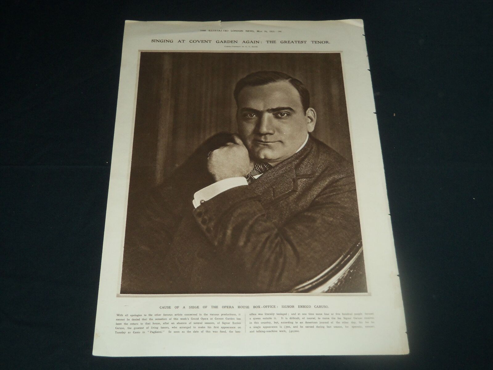 1913 MAY 24 ILLUSTRATED LONDON NEWS PORTRAIT OF ENRICO CARUSO - NP 3850