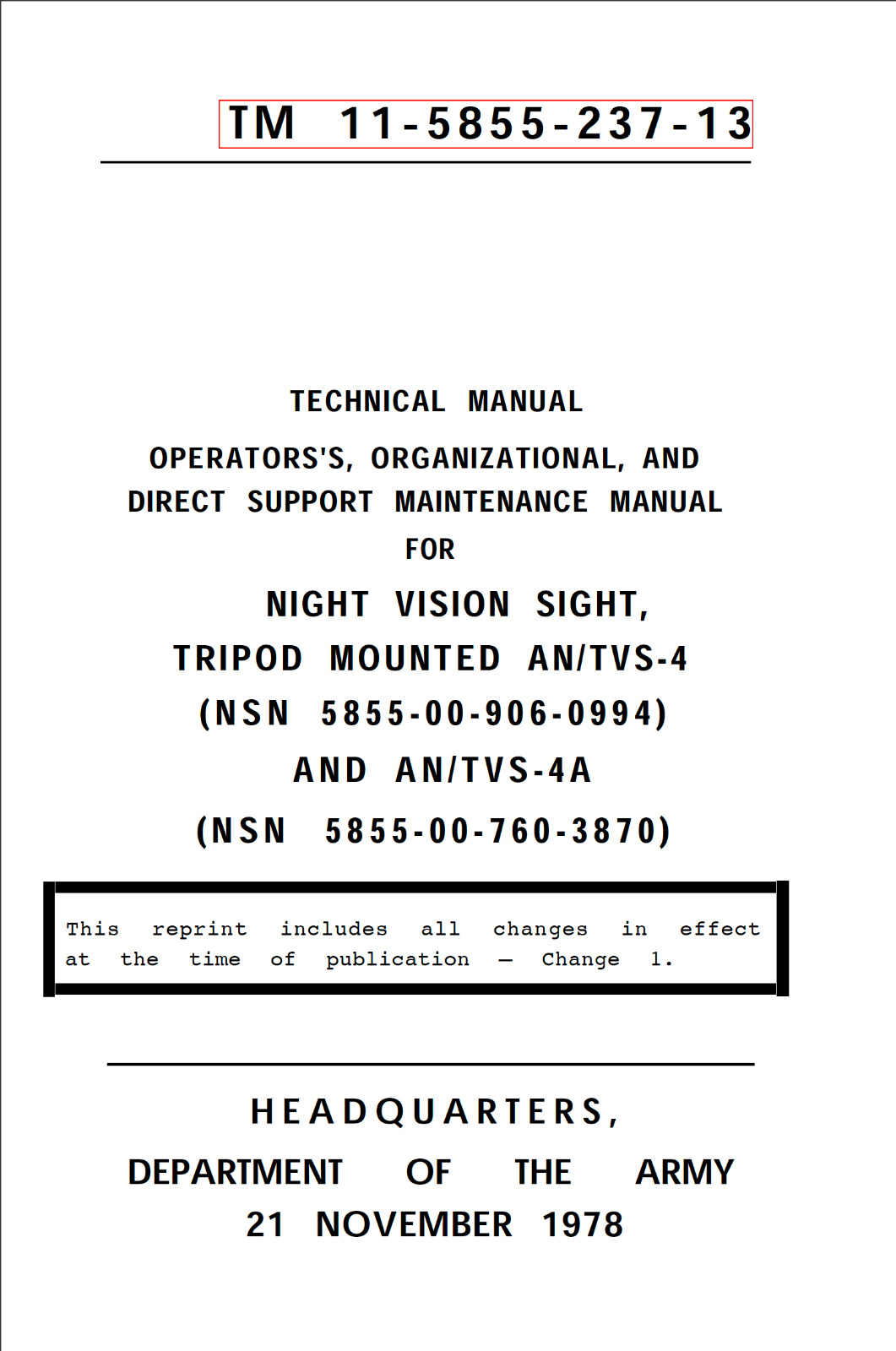 111 Page 1979 TM 11-5855-237-13 NIGHT VISION SIGHT AN/TVS-4 Manual on Data CD