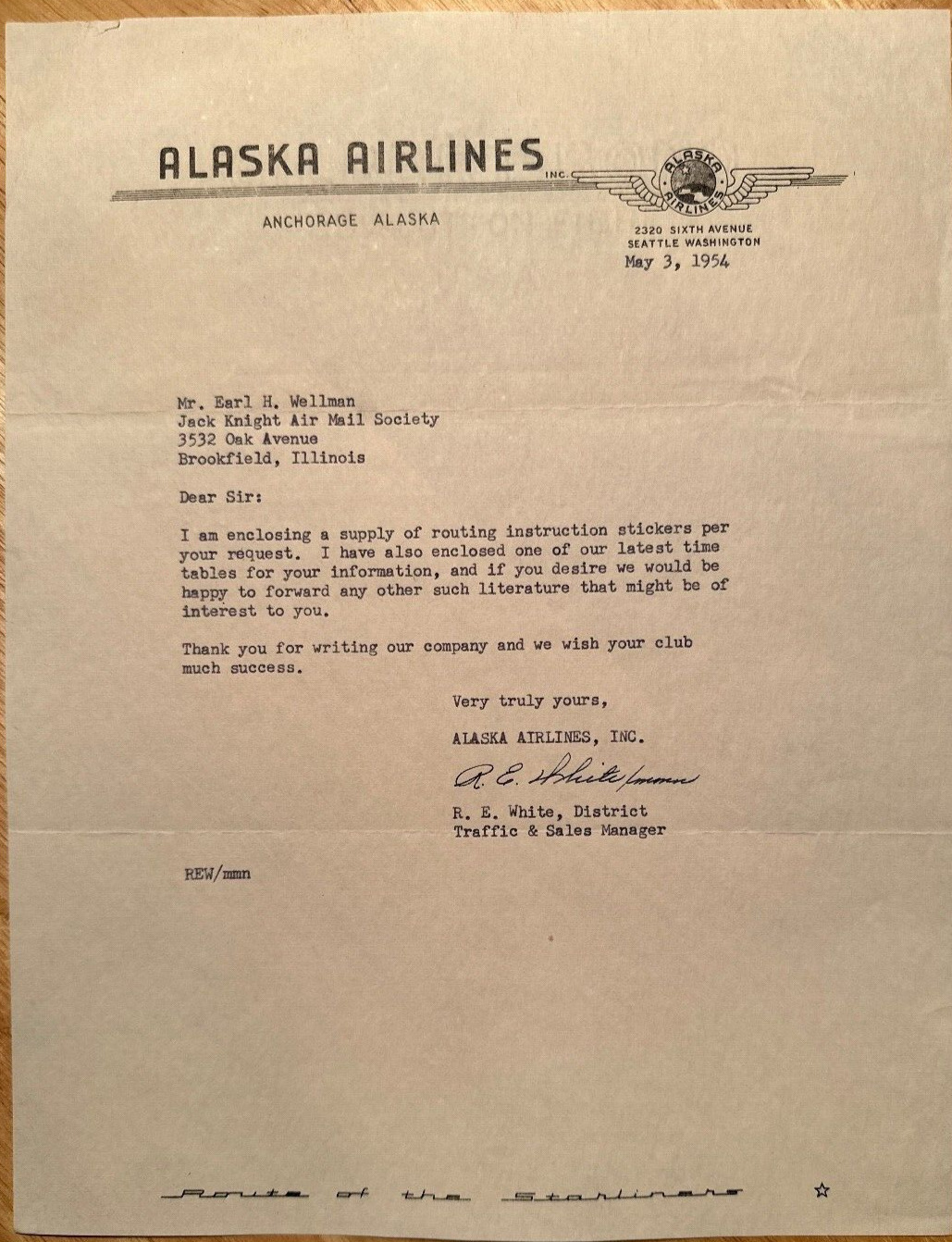 Alaska Airlines - 1954 Anchorage, Alaska vintage business letter