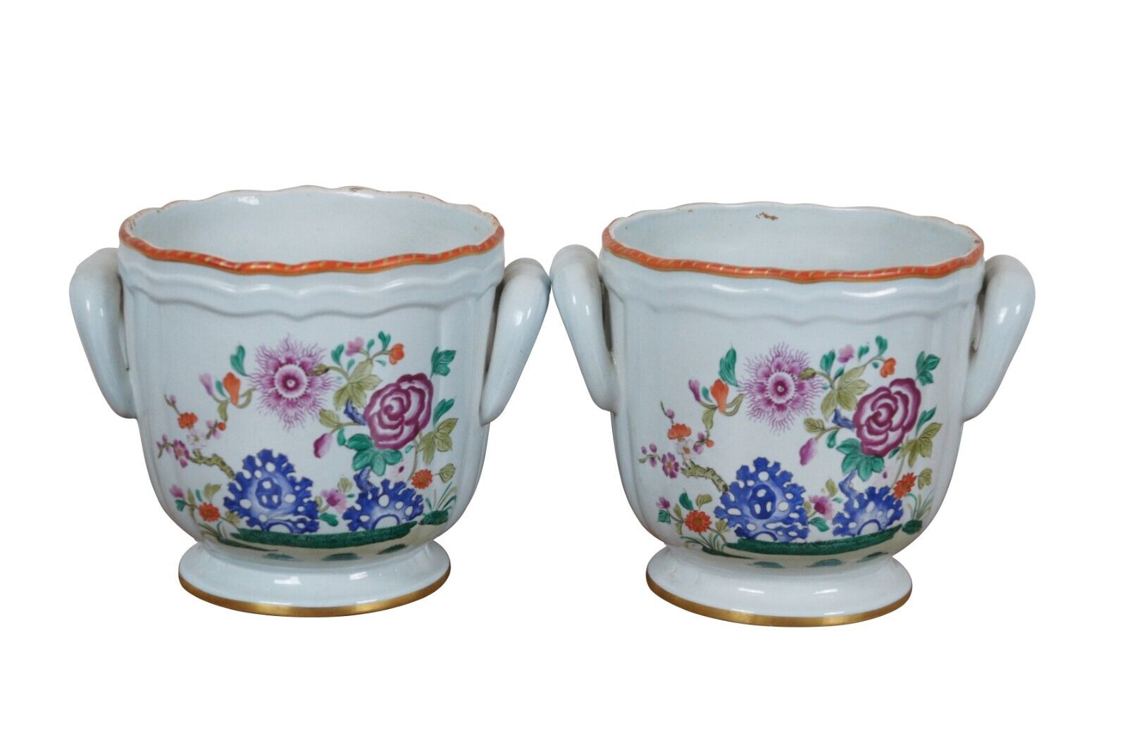 2 Vintage Mottahedeh Lowestoft Reproduction Cachepot Vase Planters 8\