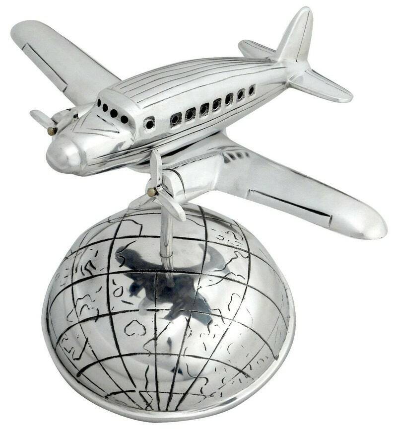 Nautical Chrome Aluminum Aeroplane on World Map Globe Base Home & Office Decor