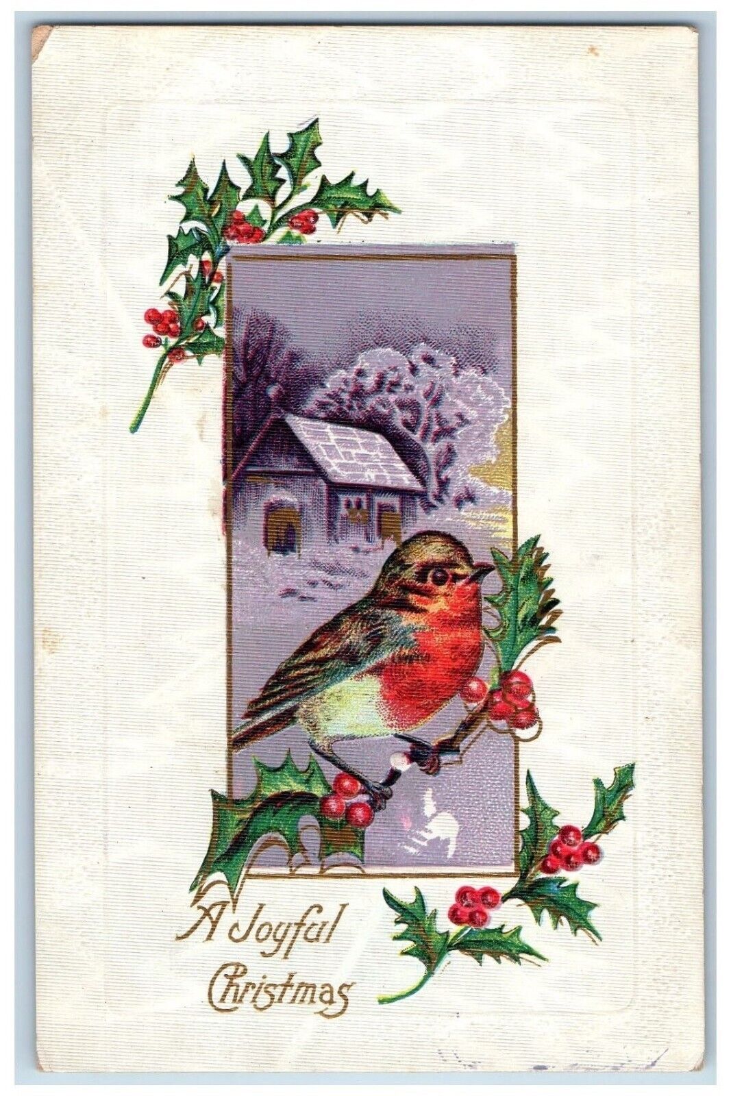Christmas Postcard Sing Bird Holly Berries House Winter Embossed c1910's Antique