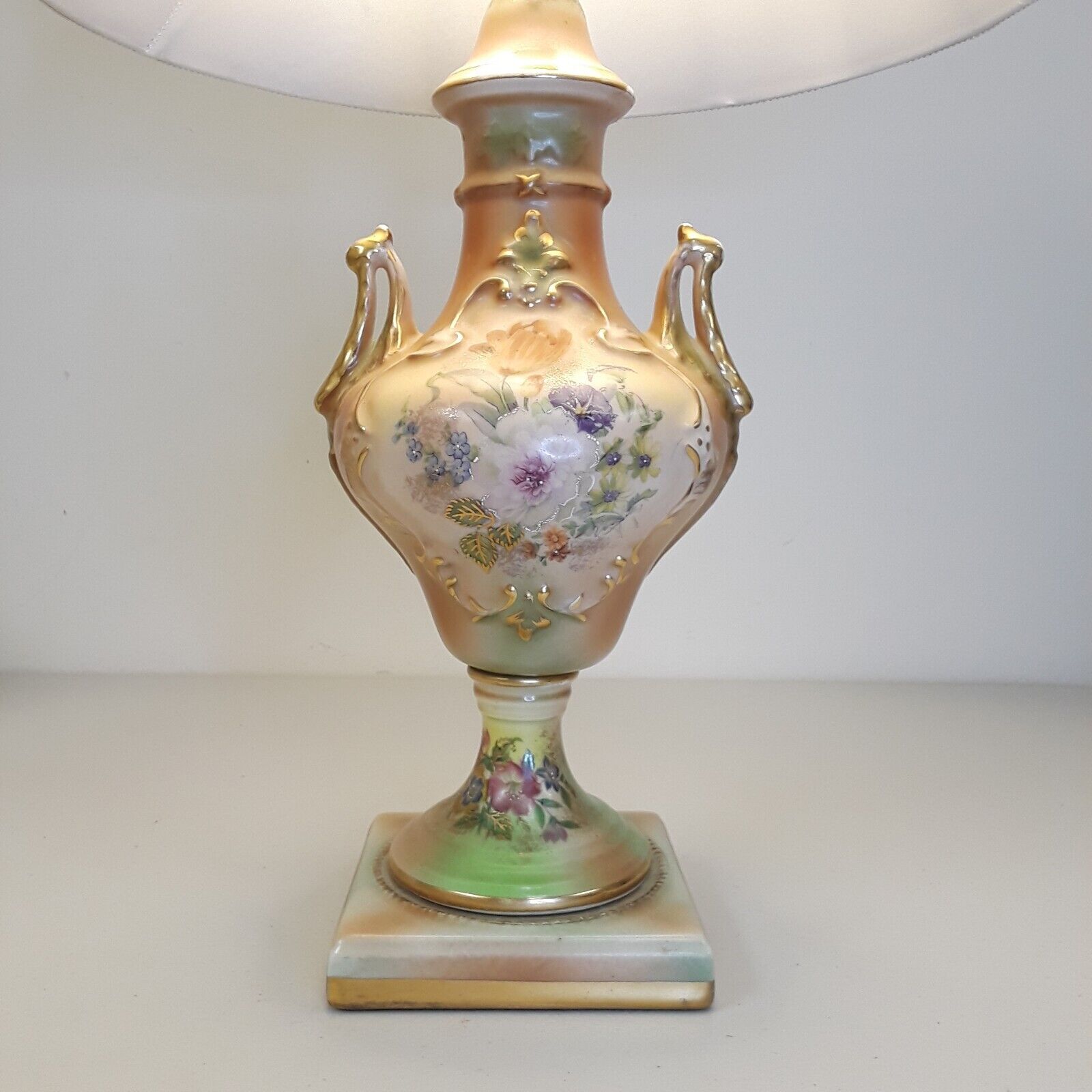 Antique Table Lamp Hand Painted Floral Victorian Gold Gilt