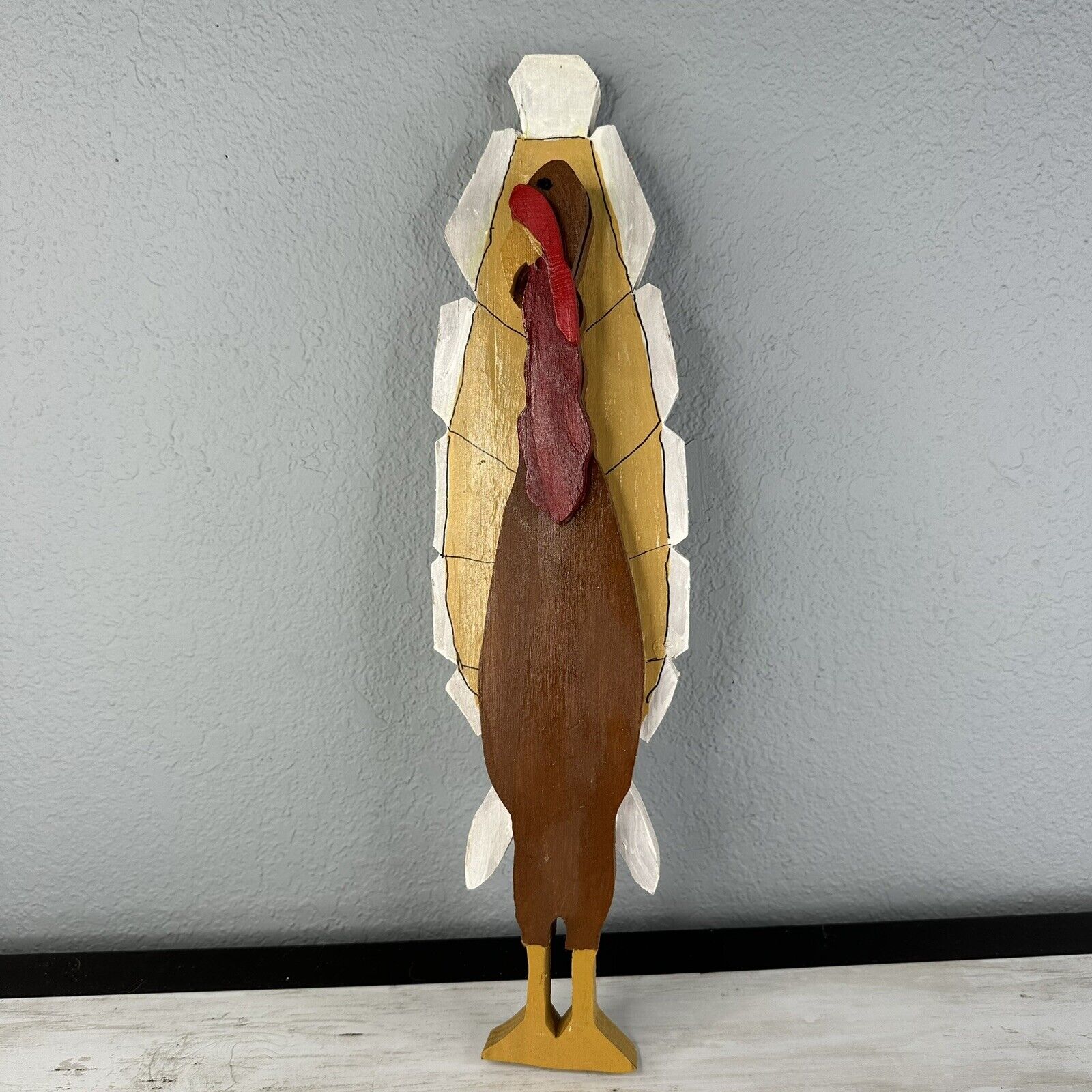 Vintage Folk Art Hand Painted Wood Turkey Thanksgiving Figure