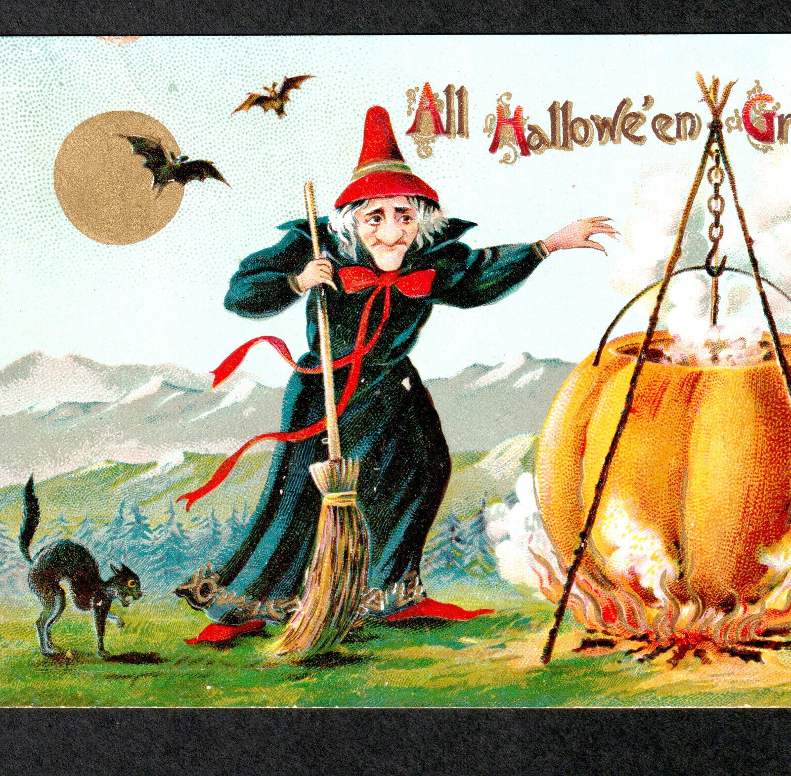 Witch Pumpkin Cauldron Cat Bat All Halloween Greetings Gottschalk 2040 PostCard