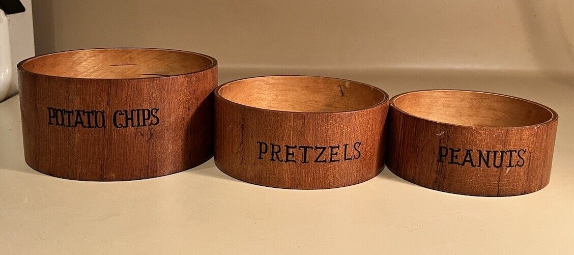 Vintage Set 3 Wood Bowls Potato Chips/Peanuts/Pretzels Mid Century Barware MCM