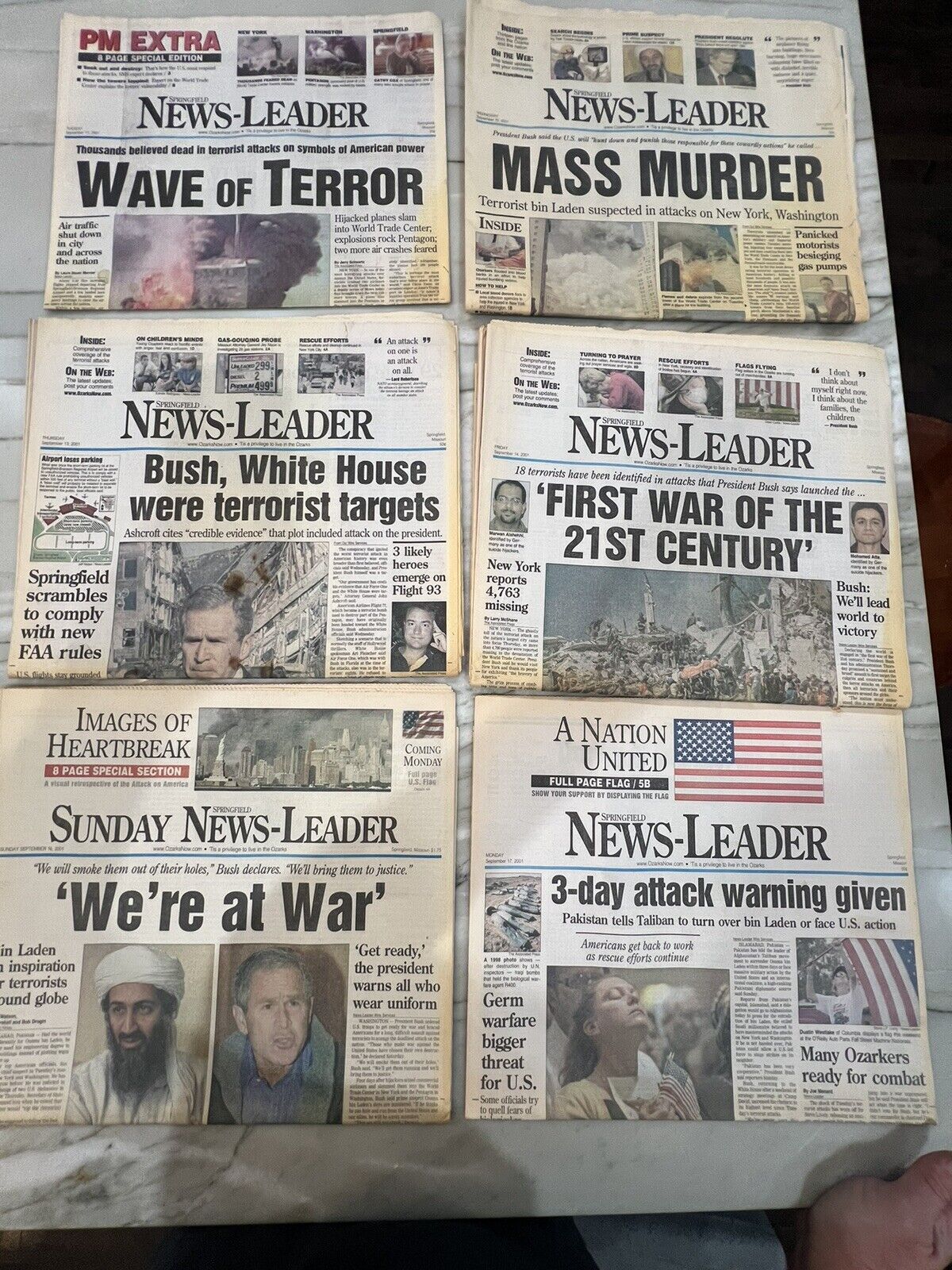 911 Newspaper Lot of 6 Dates 9/11/2001 Special PM Edition- 9/17/2001