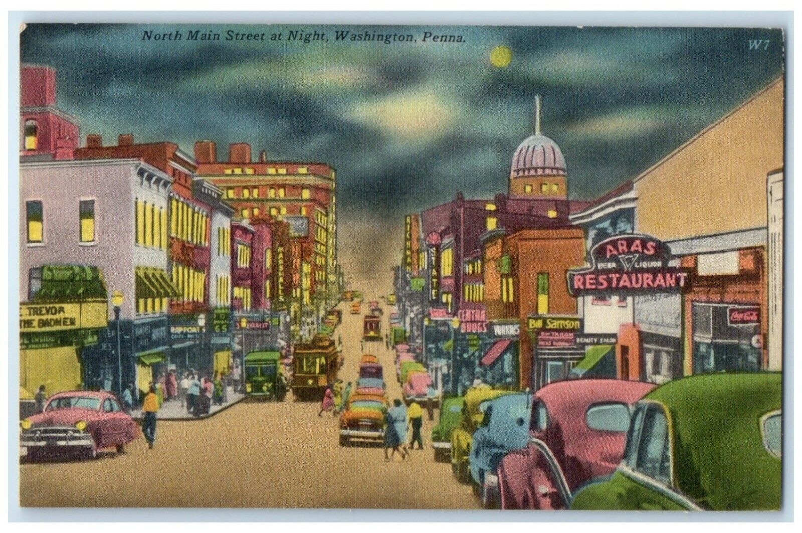 c1940 North Main Street Night Moonlight Washington Pennsylvania Vintage Postcard