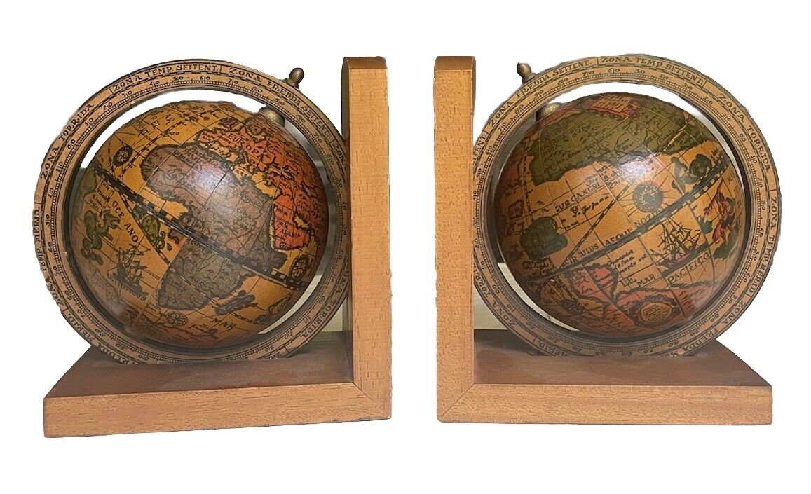Vintage Rotating World Old Globe Book Ends Made in Italy Wood Office Home Decor