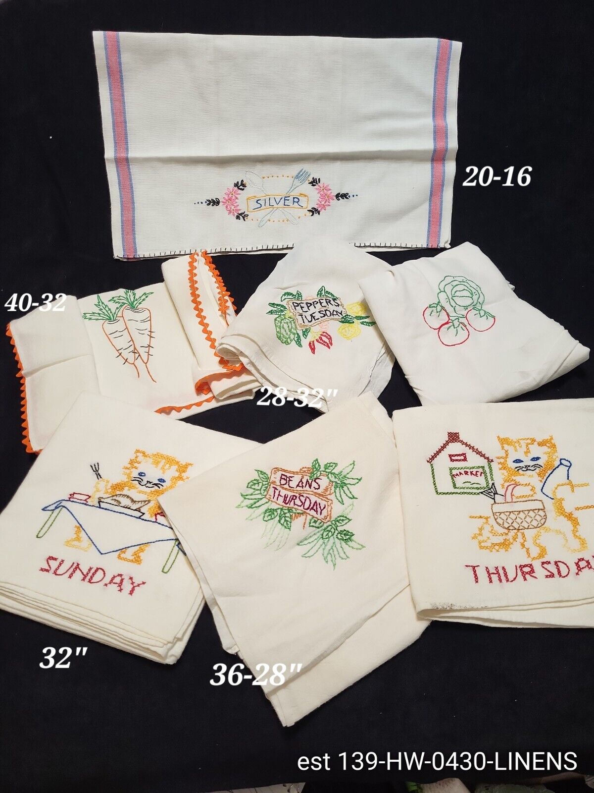 Vintage Days Of The Week Hand Embrodered Tea/Dish Towels