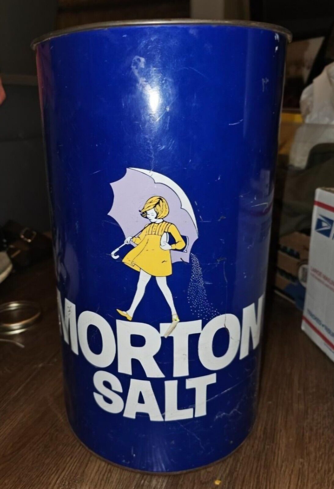 Vintage Morton Salt Metal Trash Garbage Can Blue J. L. Clark