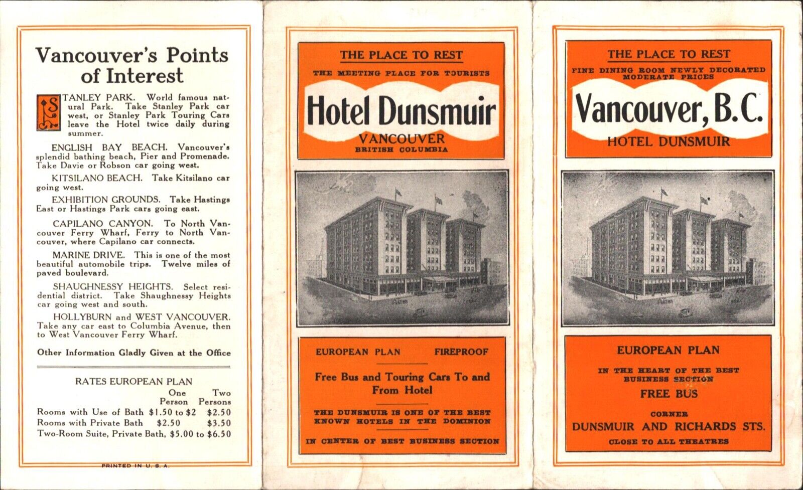 1913 HOTEL DUNSMUIR in VANCOUVER, BRITISH COLUMBIA advertising brochure CANADA