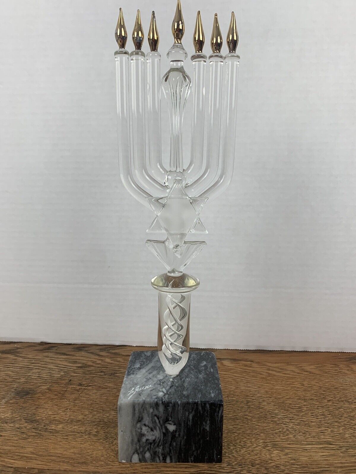 Beautiful hand blown Glass Hanukkah menorah Signed by Le Jeaune