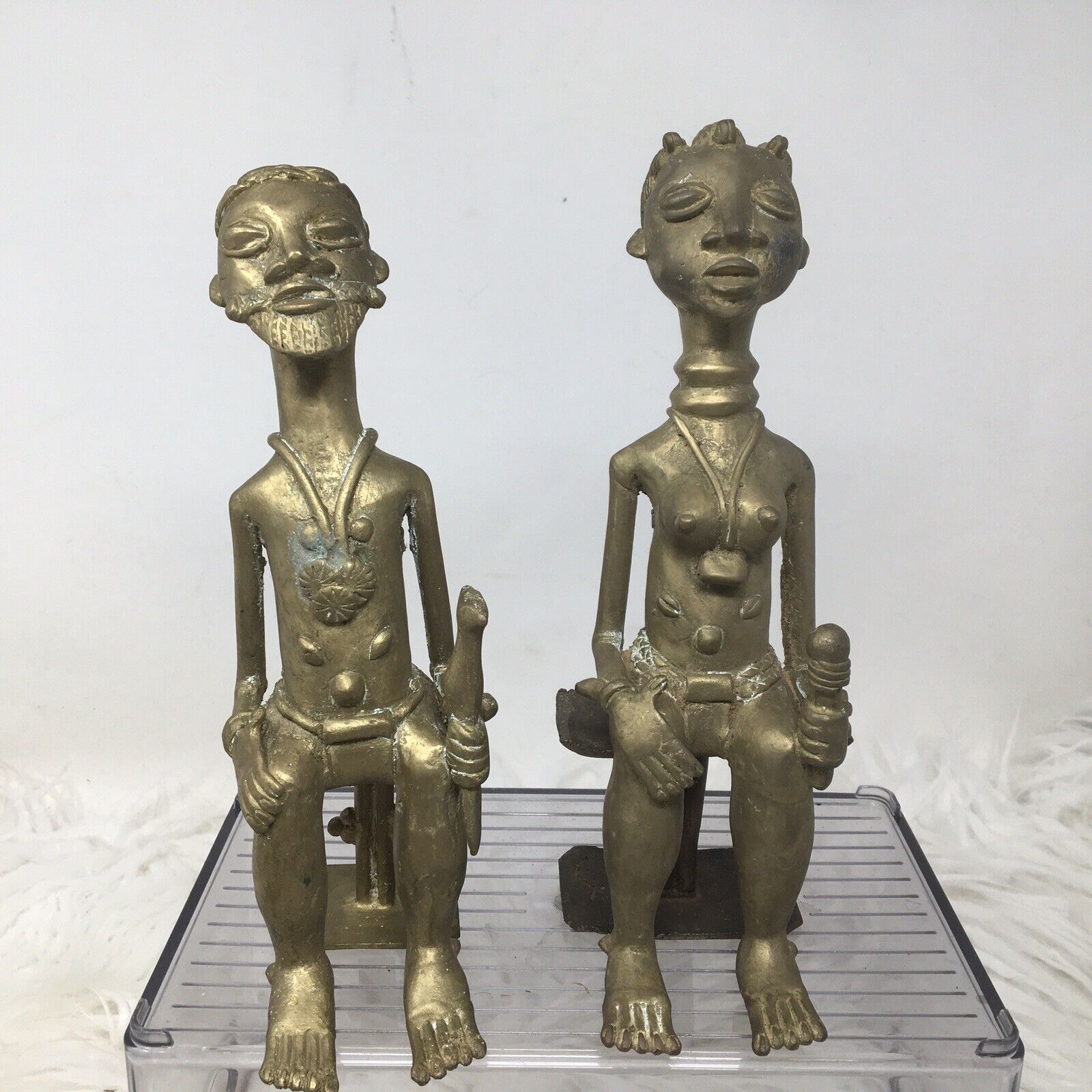 African Tribal Art Bronze Baule Ancestor Sitting King Queen Husband Figures 9”