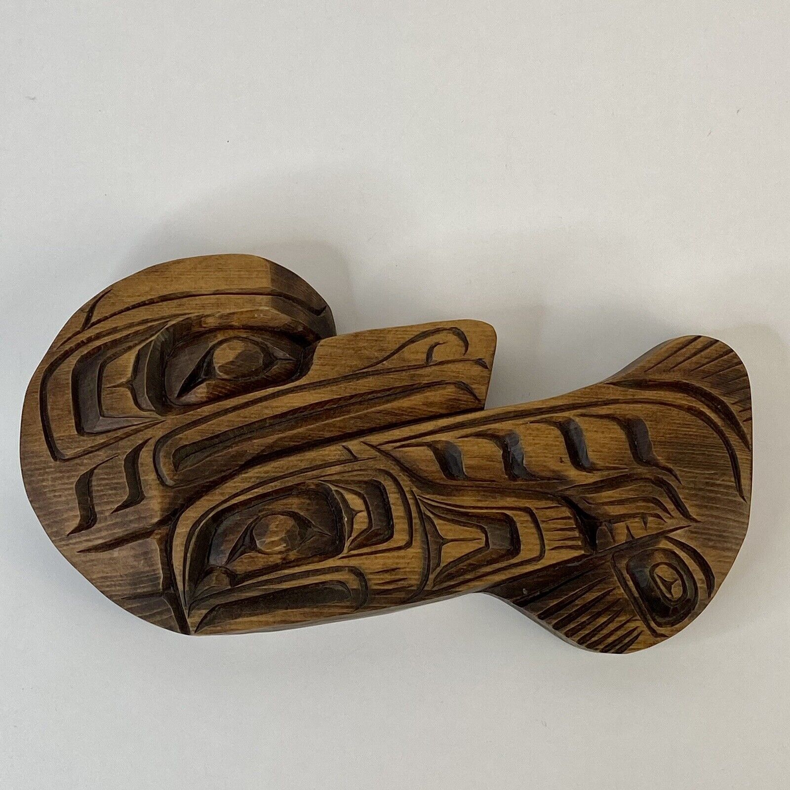 Vintage NW Coast Native Salish EAGLE & SALMON Carved Wood Plaque Totem Signed