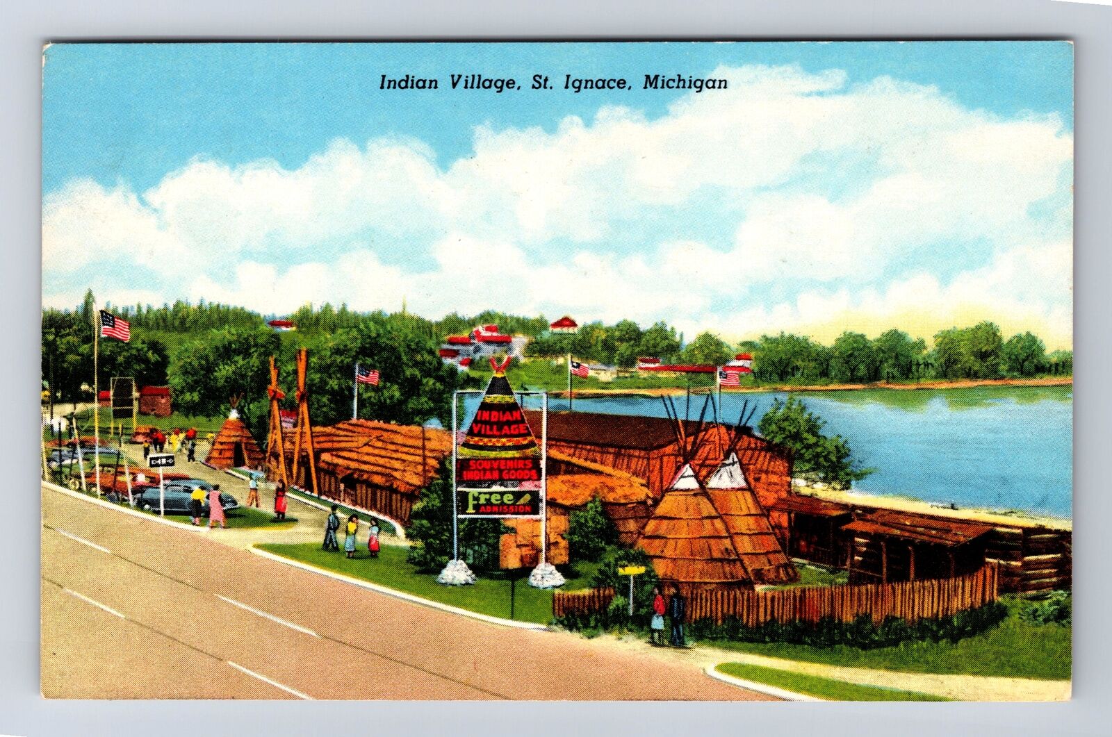 St Ignace MI-Michigan, Indian Village, St Ignace Mission, Vintage c1958 Postcard
