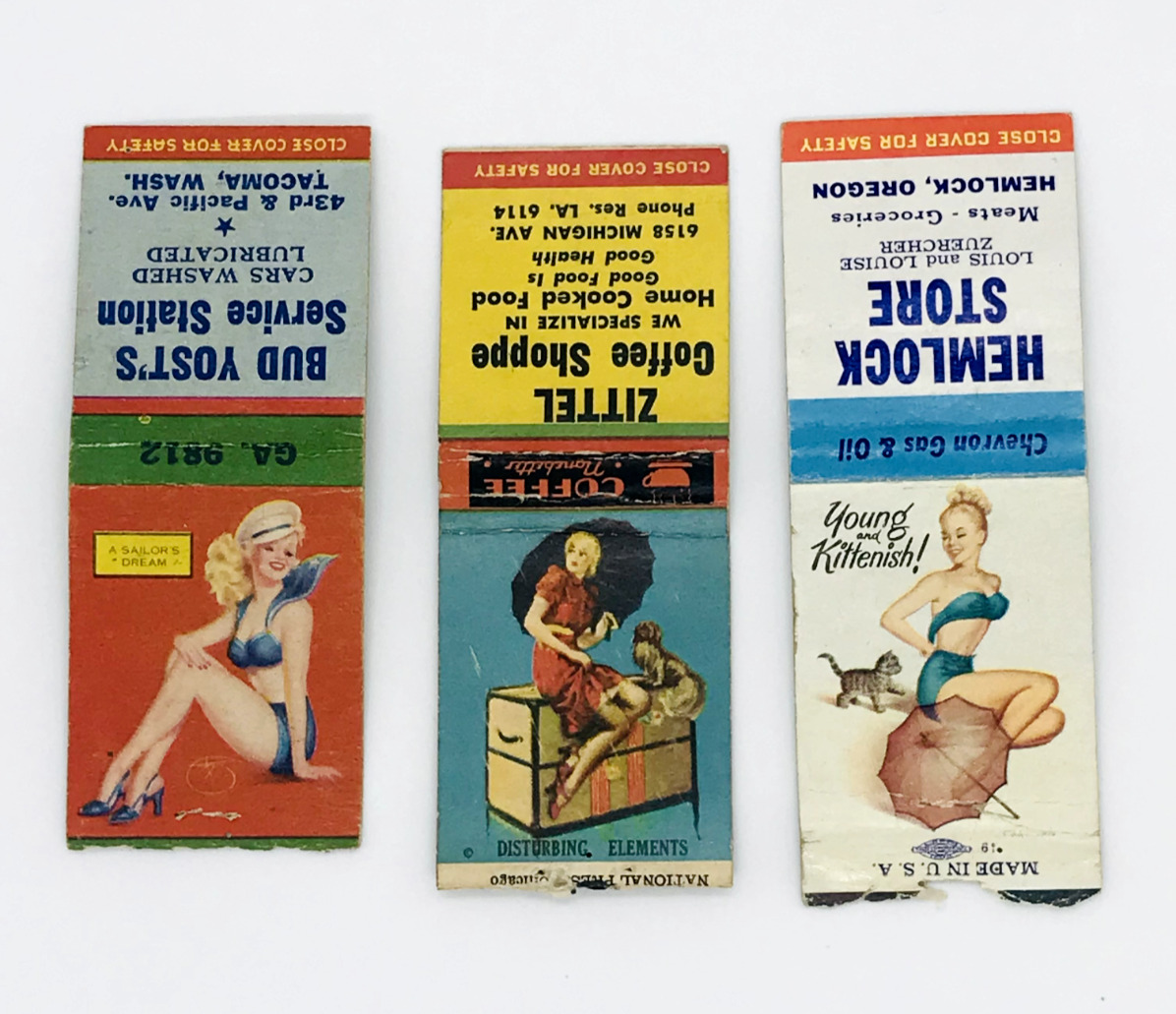 3 Vintage Pinup Matchbook Covers Hemlock Store, Zittel Coffee, Bud Yost's