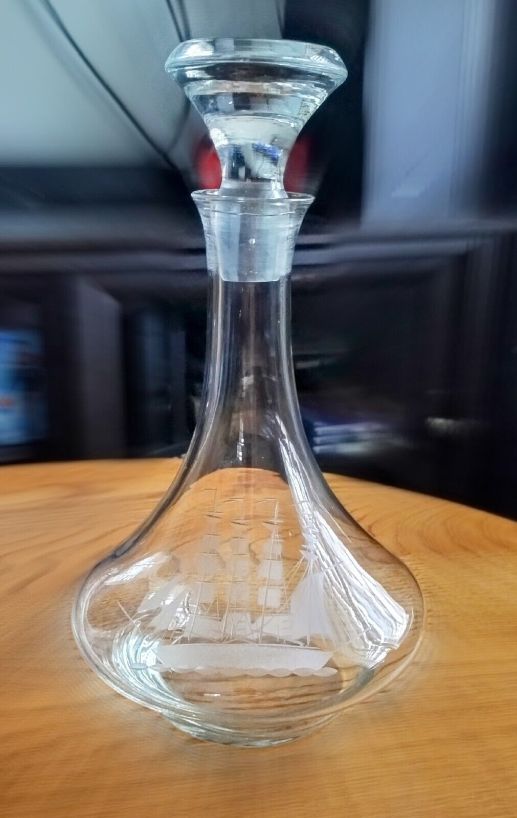 Vintage Ship Decanter with Tall Masted Ship Engraving Clear Glass Barware