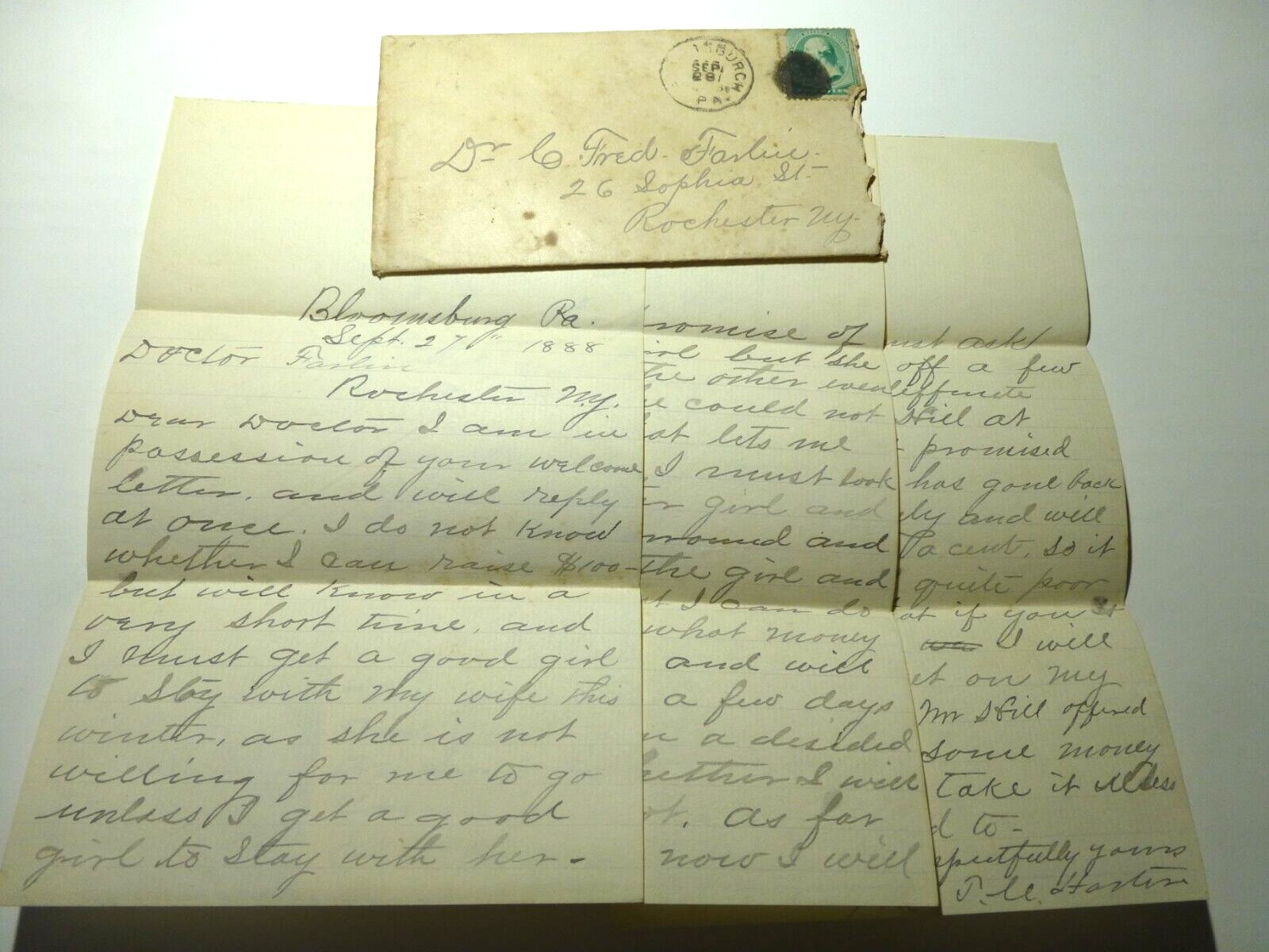 1888 Patient 3 Page Letter to Doctor w/envelope