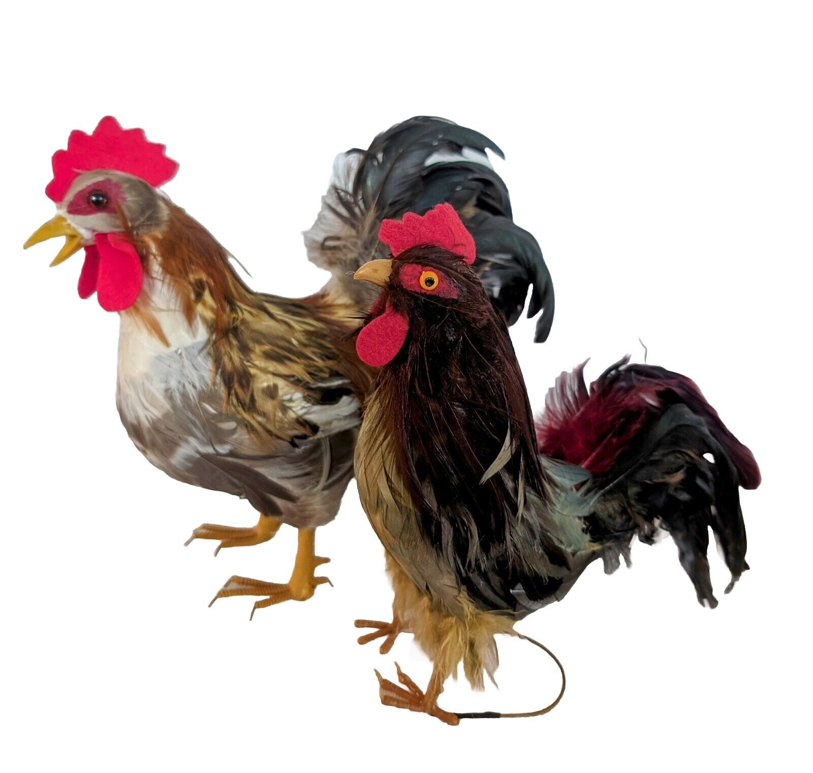 2 Realistic Roosters Real Feathers Bird Boho Decor Farmhouse Folk Art