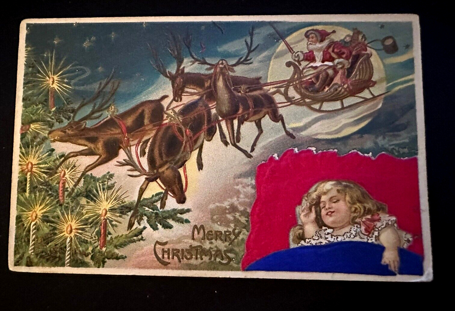 Silk Santa Claus ~Sleeping Child~Reindeer~Sleigh~Antique Christmas Postcard~k-10