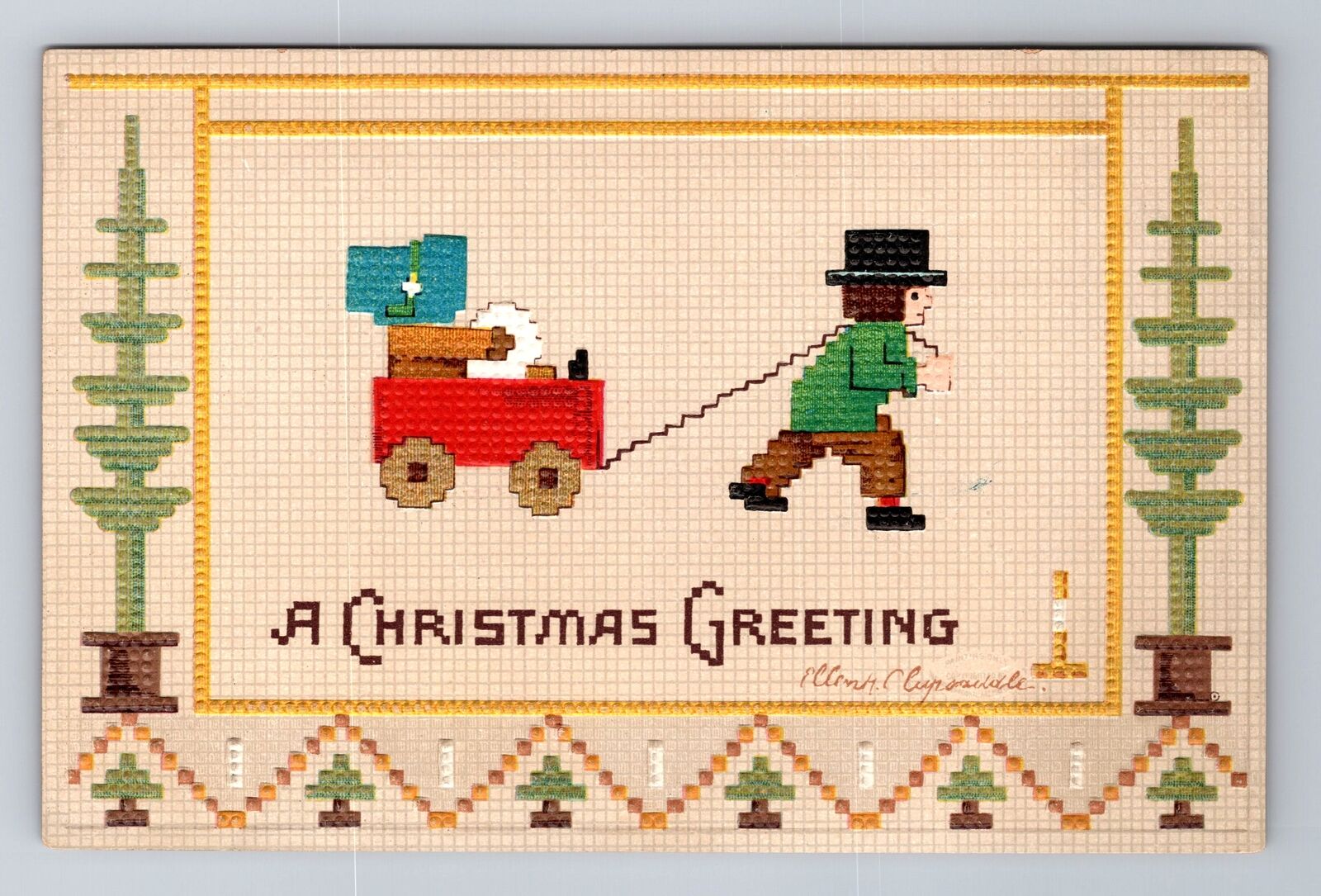 Christmas Greeting, Child Pulling Wagon, Embossed Antique Vintage Postcard
